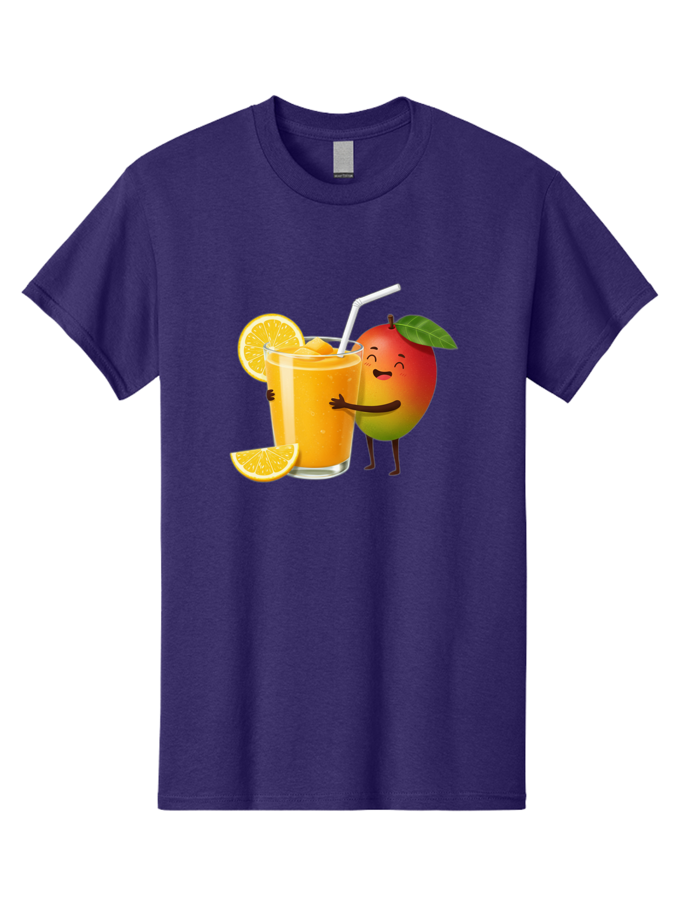 Mango-Character-1 Men'S Graphic Tee, 100% Cotton, Comfortable Casual Summer Wear, Machine Washable, Cartoon Mango, Orange Juice, Happy Fruit, Smiling Character, Juice Glass, Orange Slices, Straw, Vibrant Colors, Playful Illustration, Bac136