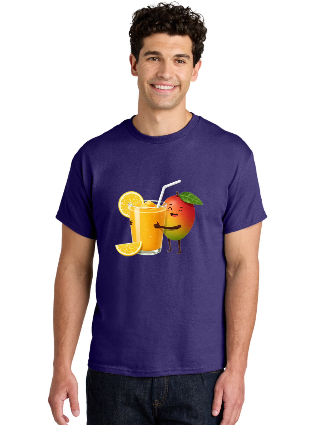 Mango-Character-1 Men'S Graphic Tee, 100% Cotton, Comfortable Casual Summer Wear, Machine Washable, Cartoon Mango, Orange Juice, Happy Fruit, Smiling Character, Juice Glass, Orange Slices, Straw, Vibrant Colors, Playful Illustration, Bac136