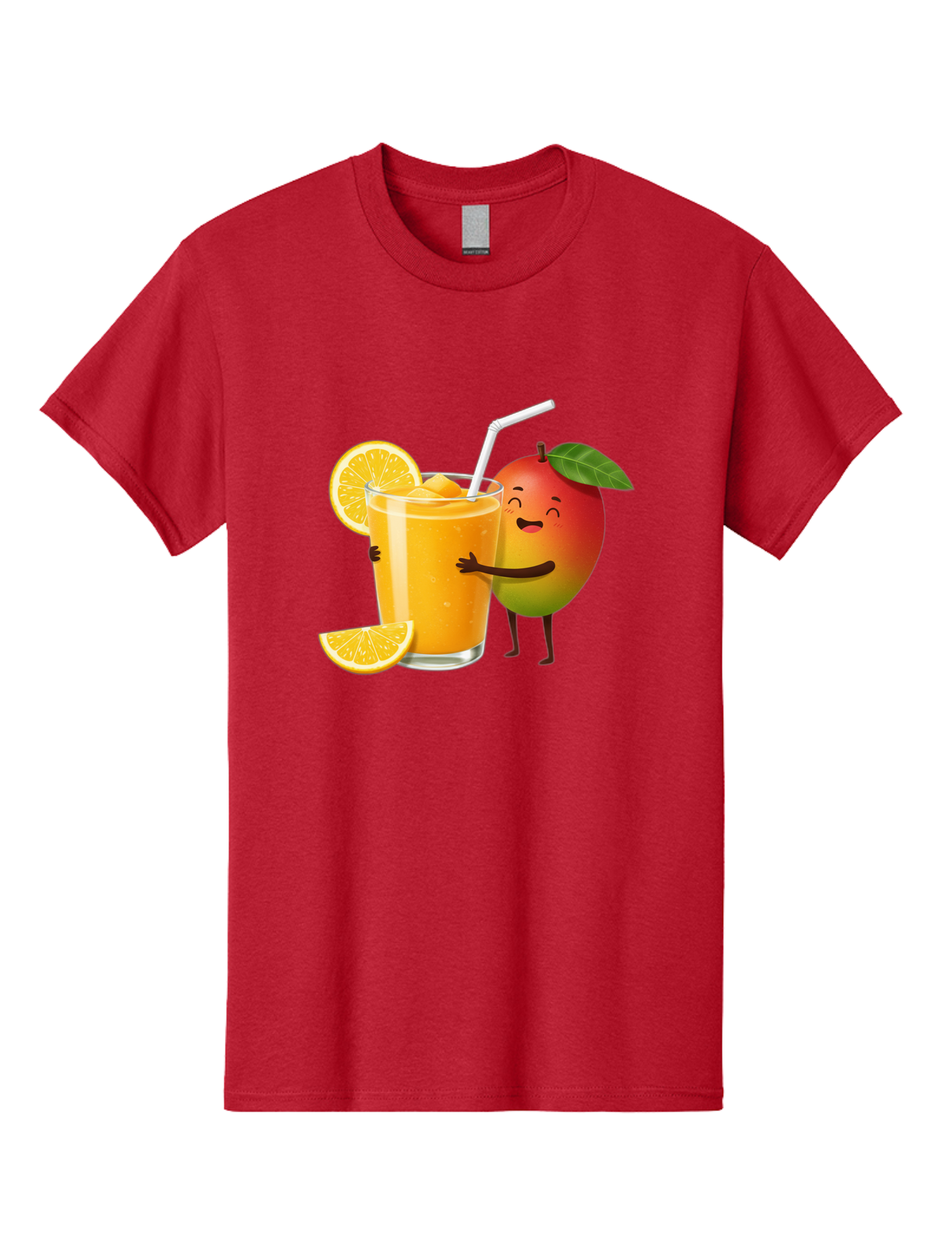 Mango-Character-1 Men'S Graphic Tee, 100% Cotton, Comfortable Casual Summer Wear, Machine Washable, Cartoon Mango, Orange Juice, Happy Fruit, Smiling Character, Juice Glass, Orange Slices, Straw, Vibrant Colors, Playful Illustration, Bac136