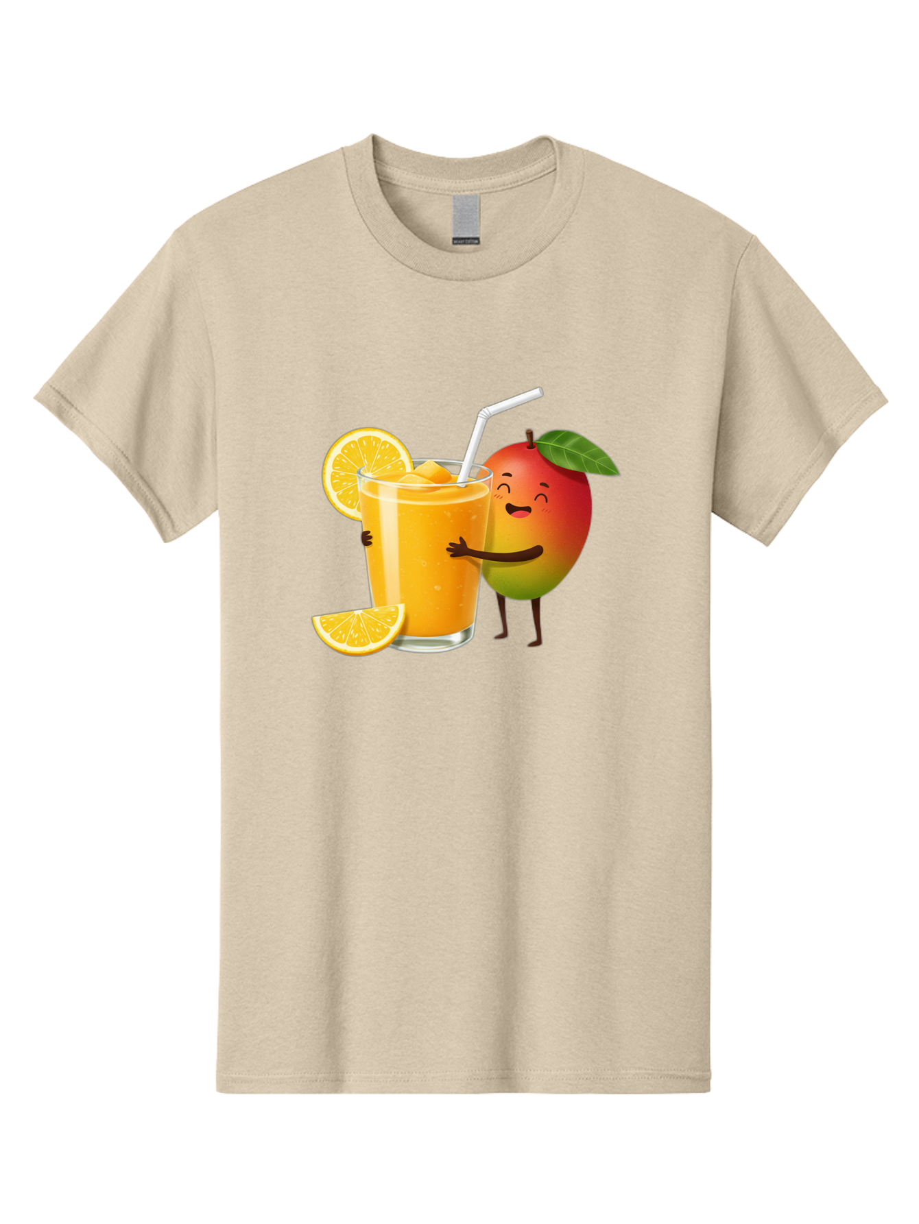 Mango-Character-1 Men'S Graphic Tee, 100% Cotton, Comfortable Casual Summer Wear, Machine Washable, Cartoon Mango, Orange Juice, Happy Fruit, Smiling Character, Juice Glass, Orange Slices, Straw, Vibrant Colors, Playful Illustration, Bac136