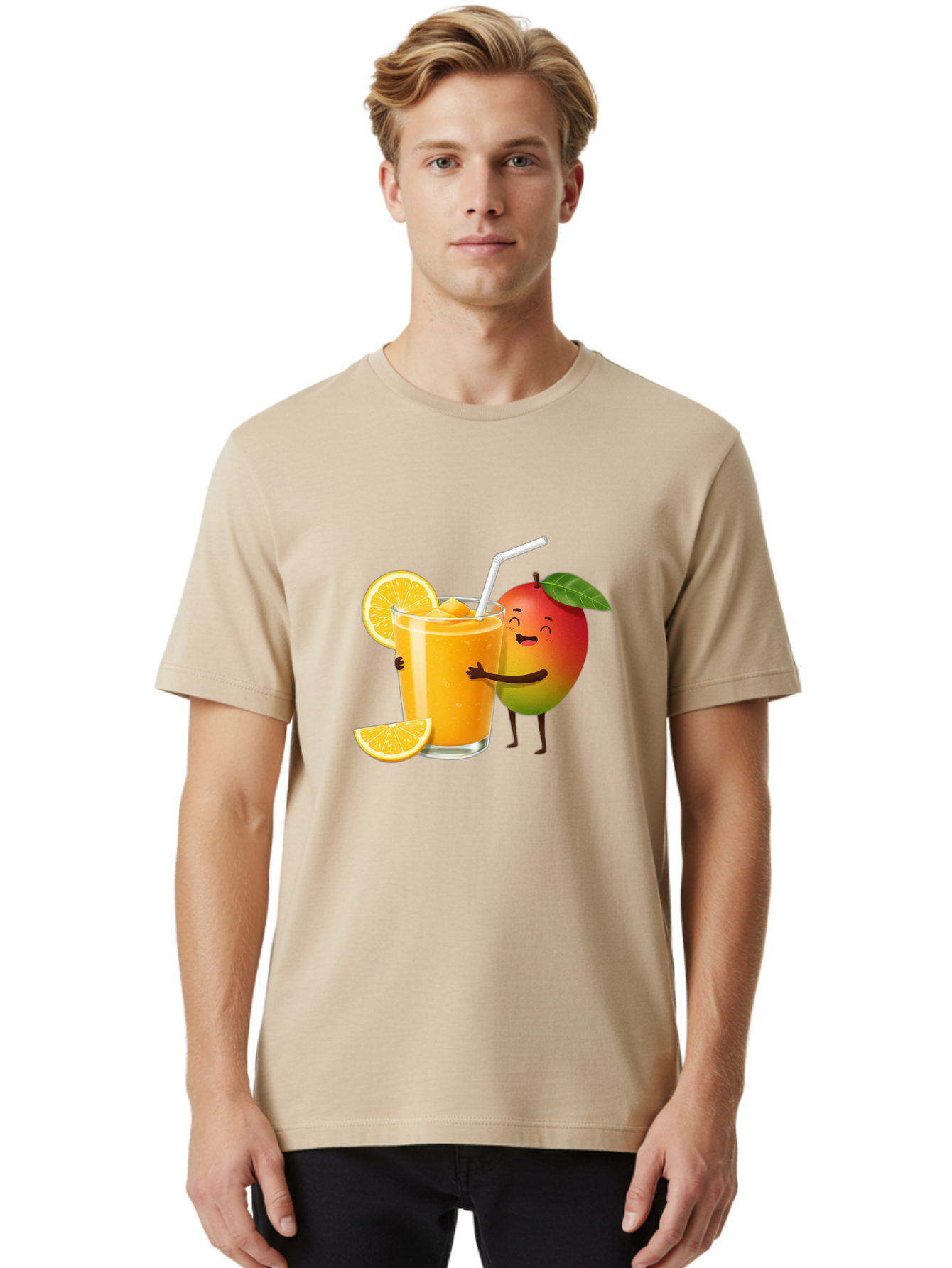 Mango-Character-1 Men'S Graphic Tee, 100% Cotton, Comfortable Casual Summer Wear, Machine Washable, Cartoon Mango, Orange Juice, Happy Fruit, Smiling Character, Juice Glass, Orange Slices, Straw, Vibrant Colors, Playful Illustration, Bac136
