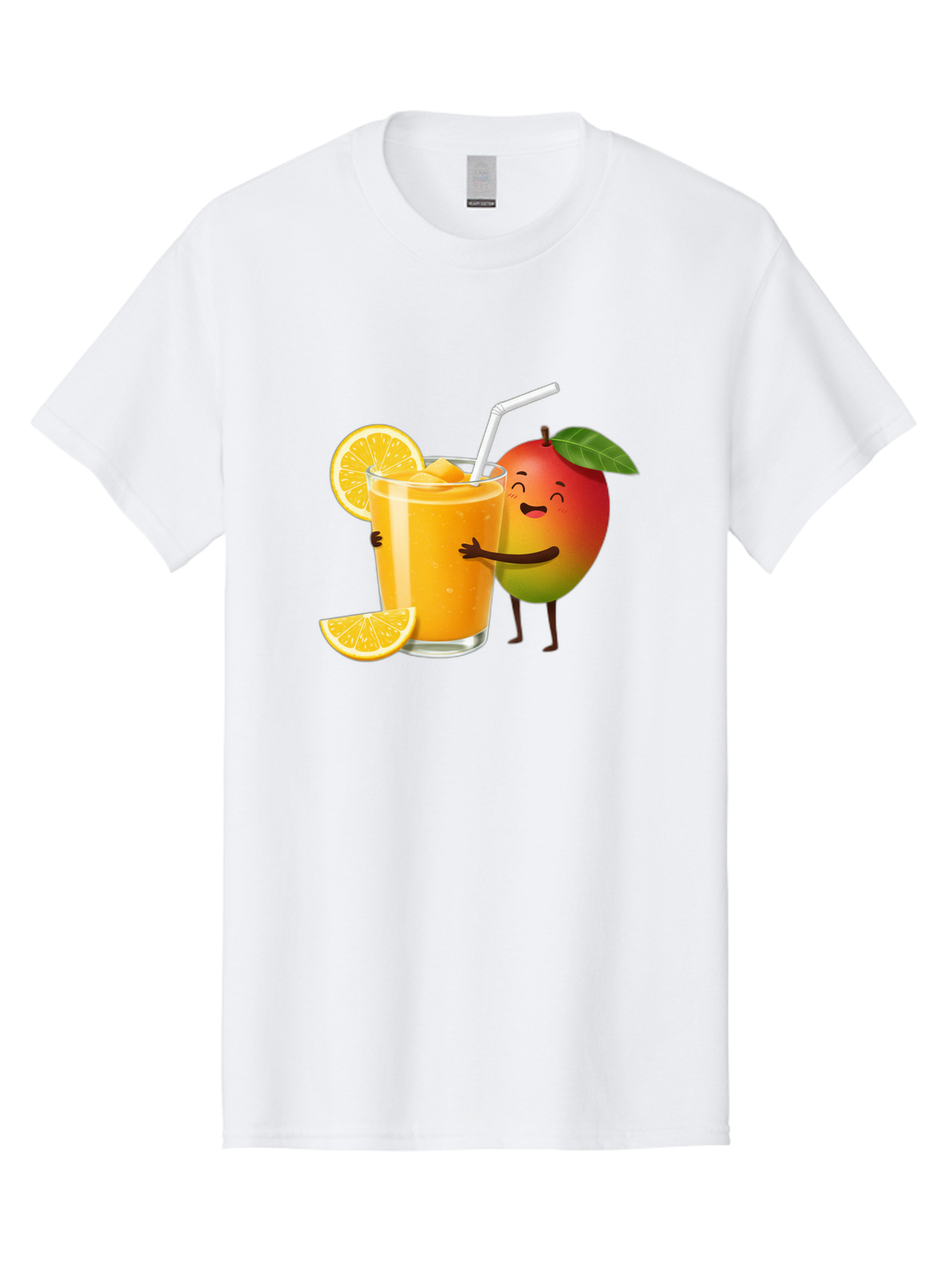 Mango-Character-1 Men'S Graphic Tee, 100% Cotton, Comfortable Casual Summer Wear, Machine Washable, Cartoon Mango, Orange Juice, Happy Fruit, Smiling Character, Juice Glass, Orange Slices, Straw, Vibrant Colors, Playful Illustration, Bac136