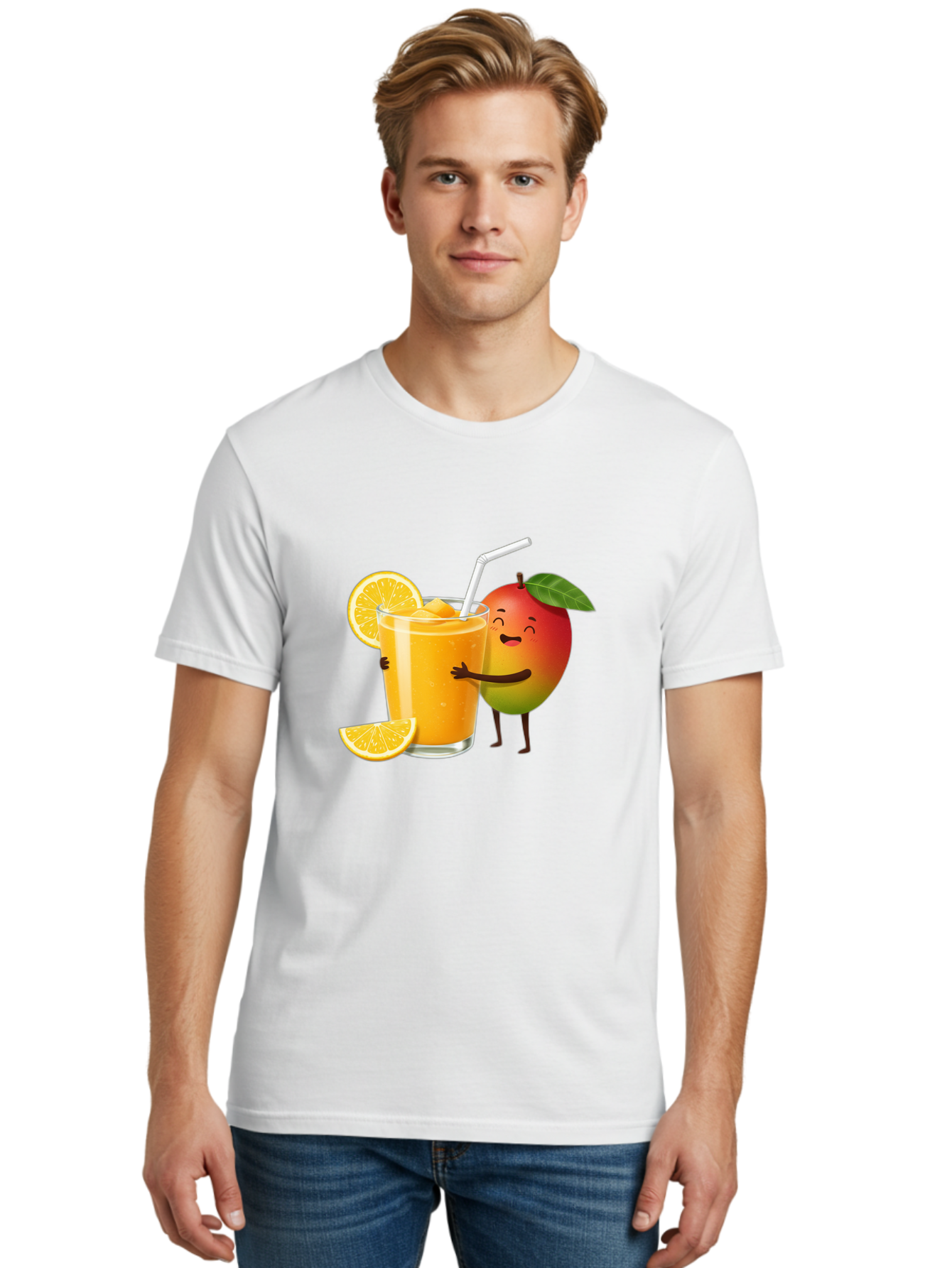 Mango-Character-1 Men'S Graphic Tee, 100% Cotton, Comfortable Casual Summer Wear, Machine Washable, Cartoon Mango, Orange Juice, Happy Fruit, Smiling Character, Juice Glass, Orange Slices, Straw, Vibrant Colors, Playful Illustration, Bac136