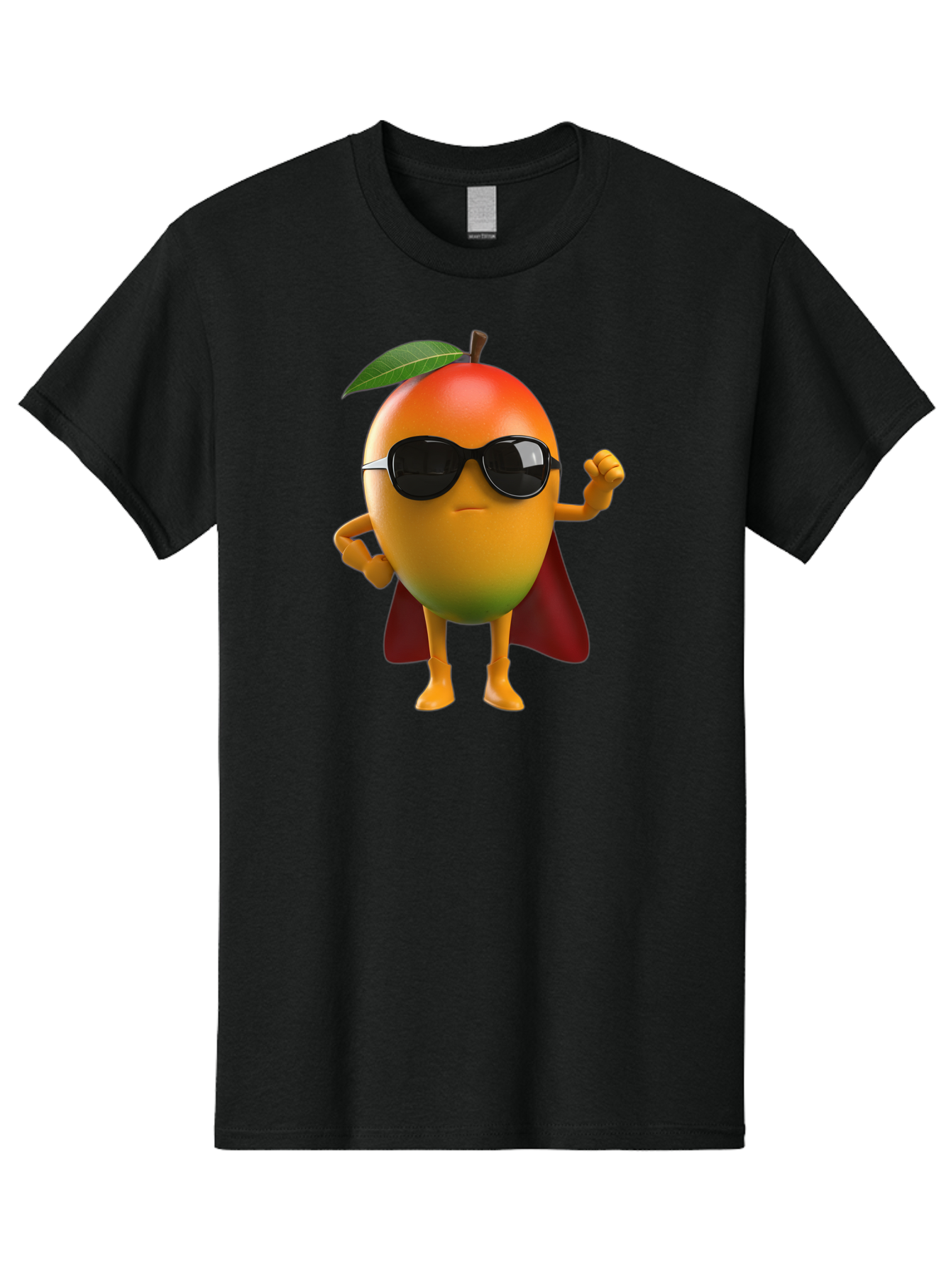 Mango-Character Men'S Graphic Tee, 100% Cotton, Comfortable Casual Summer Wear, Machine Washable, Cartoon Mango Character, Superhero Pose, Sunglasses, Red Cape, Yellow Fruit, Funny Character, Animated Character, Vibrant Colors, Bac137