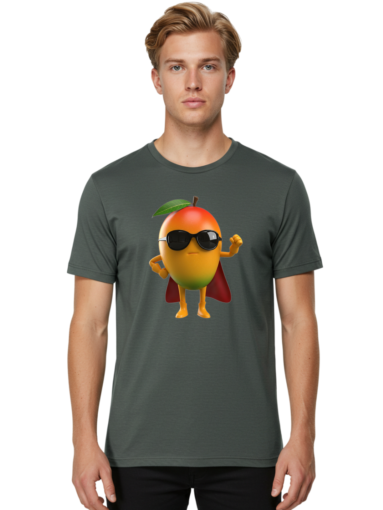 Mango-Character Men'S Graphic Tee, 100% Cotton, Comfortable Casual Summer Wear, Machine Washable, Cartoon Mango Character, Superhero Pose, Sunglasses, Red Cape, Yellow Fruit, Funny Character, Animated Character, Vibrant Colors, Bac137