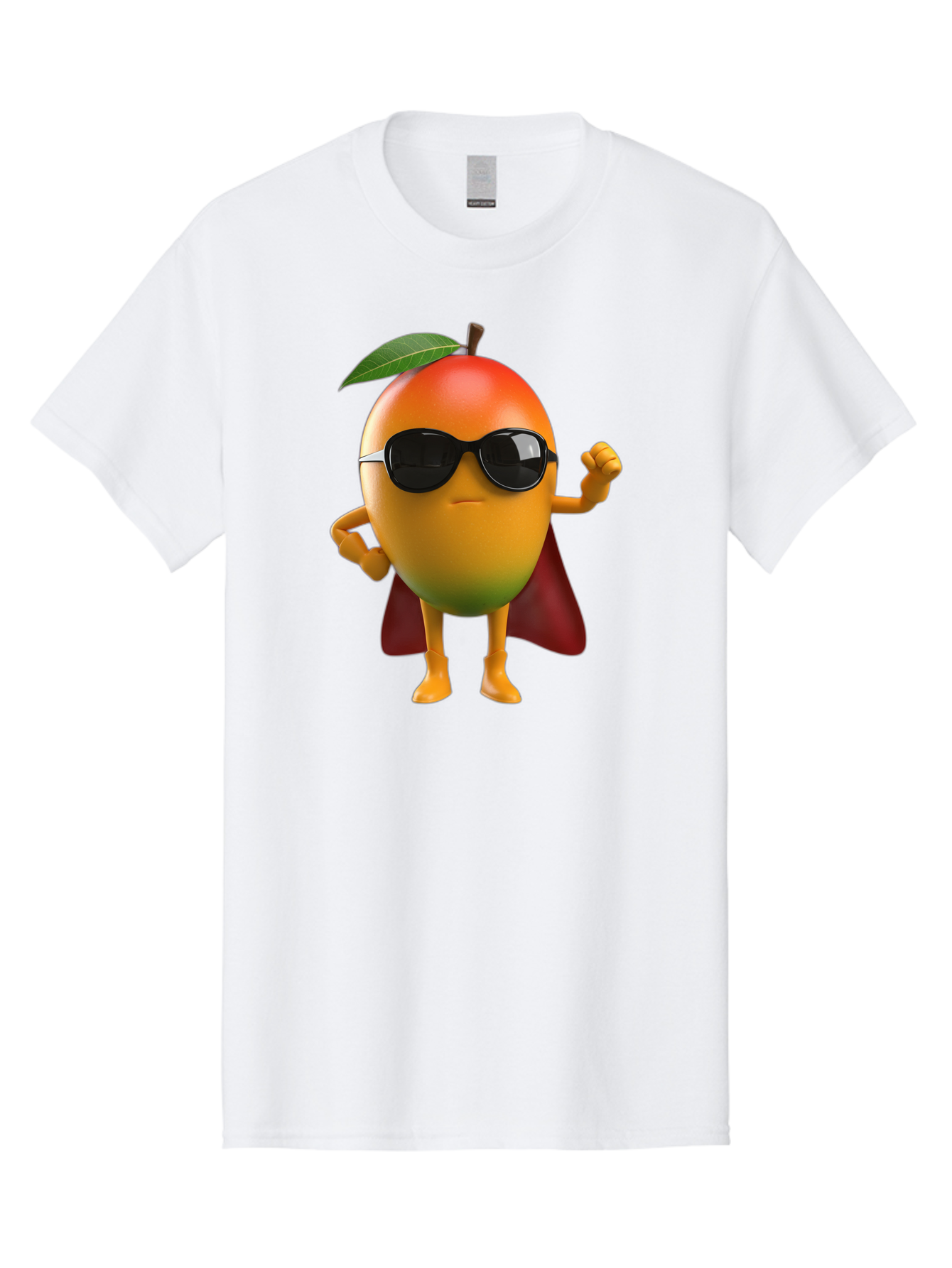 Mango-Character Men'S Graphic Tee, 100% Cotton, Comfortable Casual Summer Wear, Machine Washable, Cartoon Mango Character, Superhero Pose, Sunglasses, Red Cape, Yellow Fruit, Funny Character, Animated Character, Vibrant Colors, Bac137
