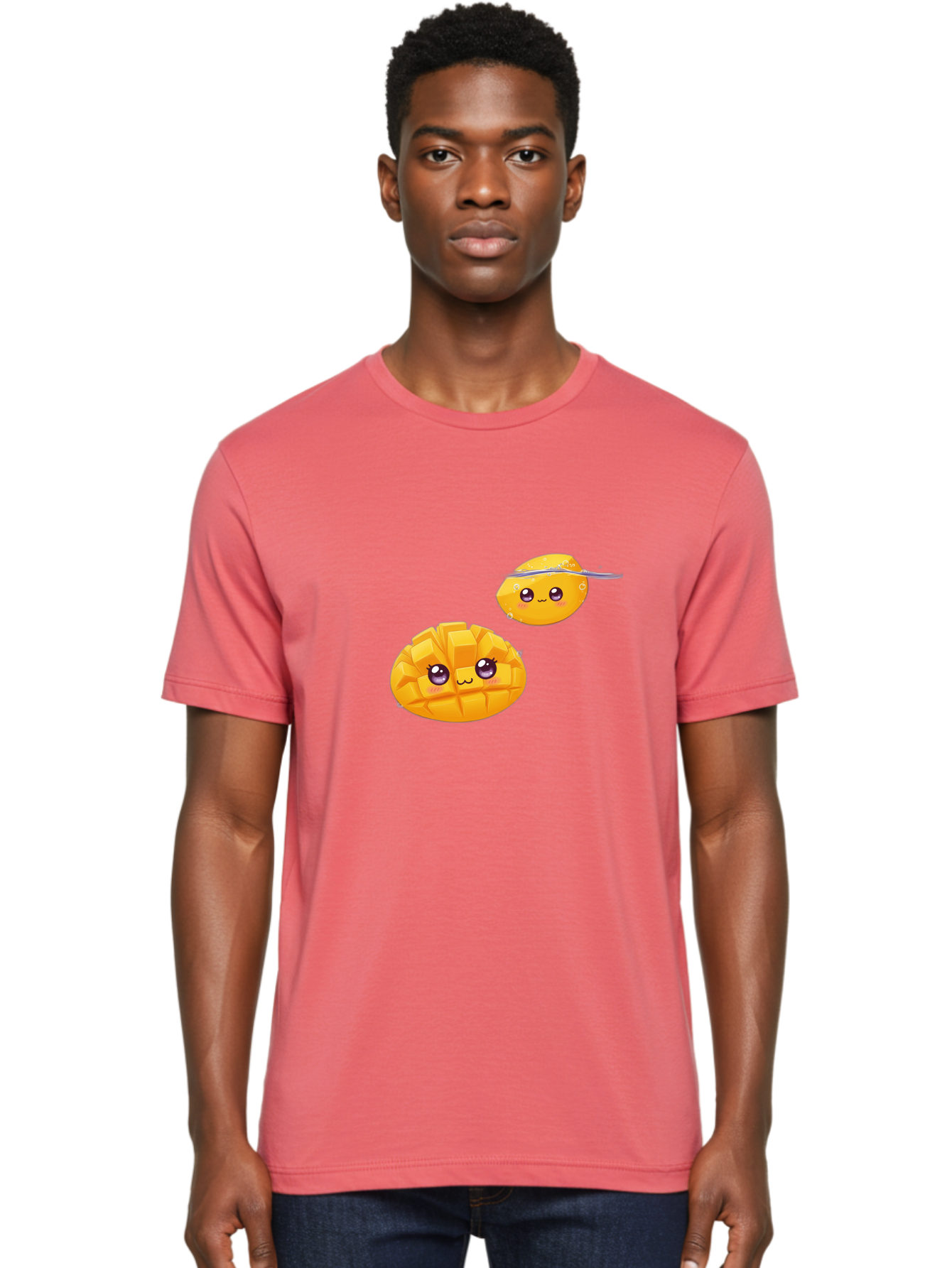 Mango-Characters Men'S Graphic Tee, 100% Cotton, Comfortable Casual Summer Wear, Machine Washable, Cartoon Mangoes, Cute Fruit, Kawaii Characters, Smiling Faces, Playful Illustration, Adorable Graphics, Tropical Fruit, Fun Design Bac138