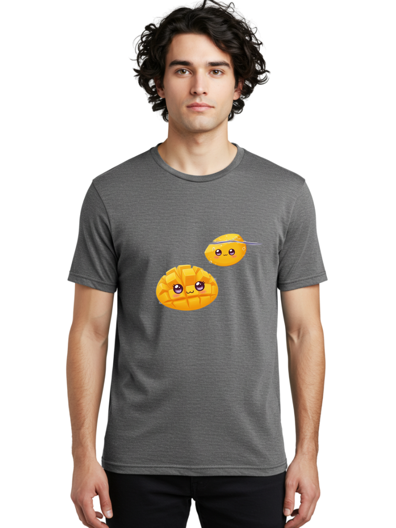 Mango-Characters Men'S Graphic Tee, 100% Cotton, Comfortable Casual Summer Wear, Machine Washable, Cartoon Mangoes, Cute Fruit, Kawaii Characters, Smiling Faces, Playful Illustration, Adorable Graphics, Tropical Fruit, Fun Design Bac138