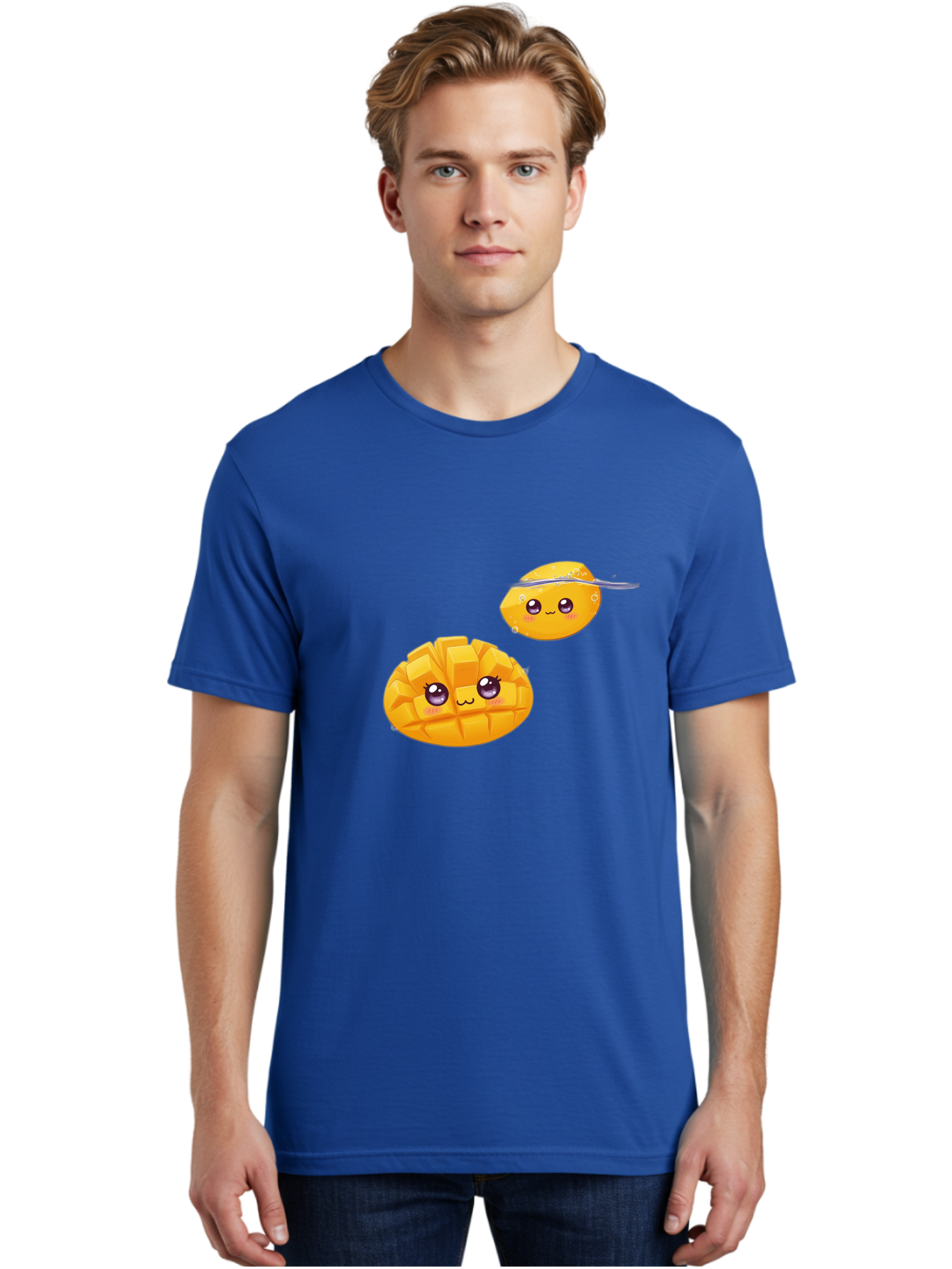 Mango-Characters Men'S Graphic Tee, 100% Cotton, Comfortable Casual Summer Wear, Machine Washable, Cartoon Mangoes, Cute Fruit, Kawaii Characters, Smiling Faces, Playful Illustration, Adorable Graphics, Tropical Fruit, Fun Design Bac138