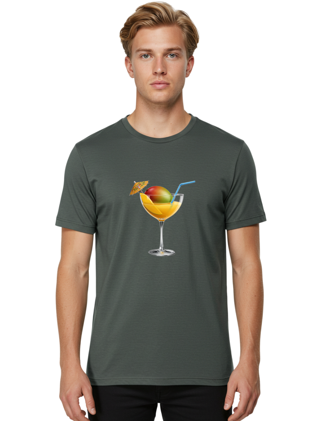 Mango-Cocktail Men'S Graphic Tee, 100% Cotton, Comfortable Casual Summer Wear, Machine Washable, Cocktail Glass, Orange Drink, Mango, Umbrella, Blue Straw, Refreshing Beverage, Summer Drink, Citrus Flavor, Fruity Cocktail, Tropical Twist, Bac139