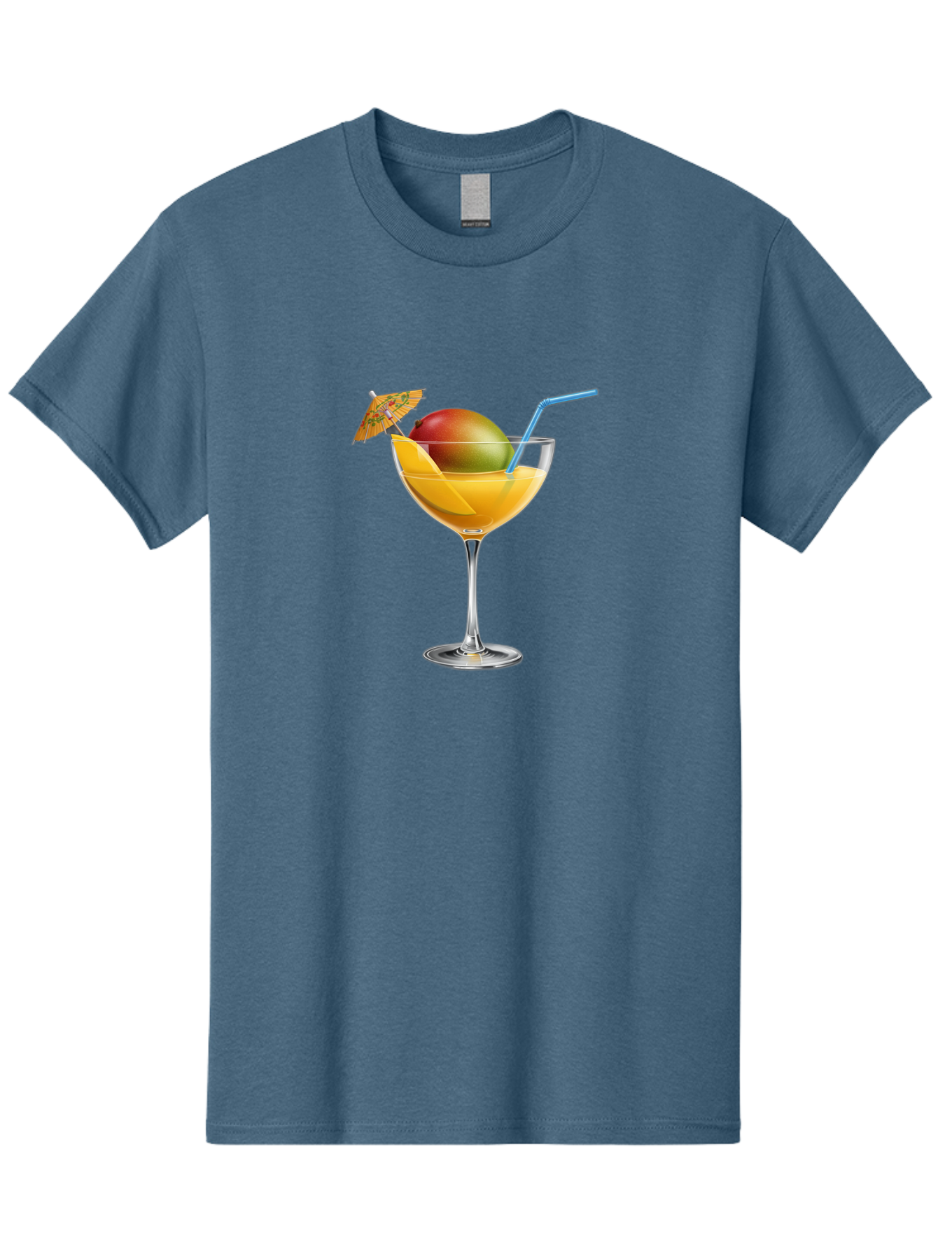 Mango-Cocktail Men'S Graphic Tee, 100% Cotton, Comfortable Casual Summer Wear, Machine Washable, Cocktail Glass, Orange Drink, Mango, Umbrella, Blue Straw, Refreshing Beverage, Summer Drink, Citrus Flavor, Fruity Cocktail, Tropical Twist, Bac139