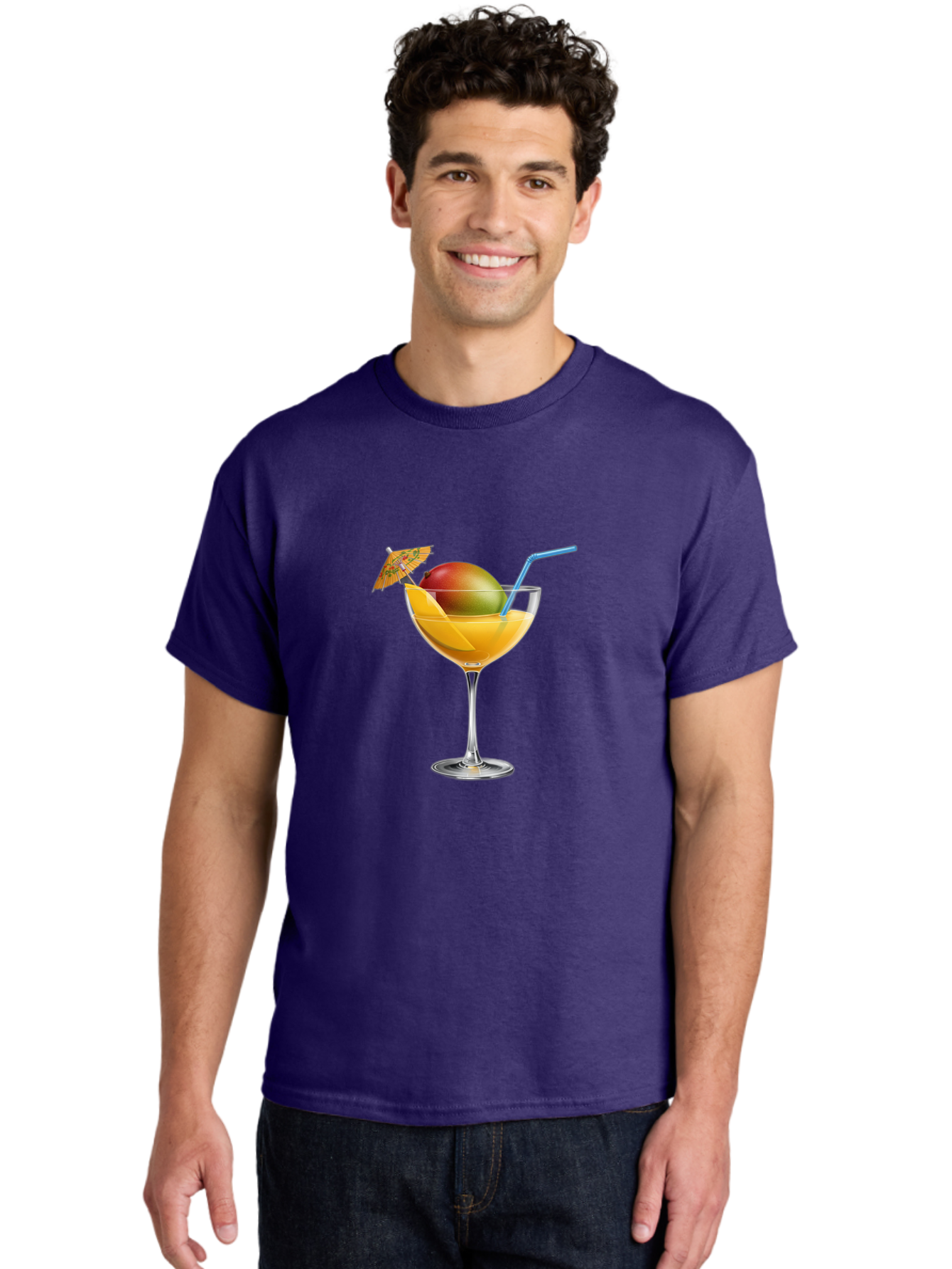 Mango-Cocktail Men'S Graphic Tee, 100% Cotton, Comfortable Casual Summer Wear, Machine Washable, Cocktail Glass, Orange Drink, Mango, Umbrella, Blue Straw, Refreshing Beverage, Summer Drink, Citrus Flavor, Fruity Cocktail, Tropical Twist, Bac139