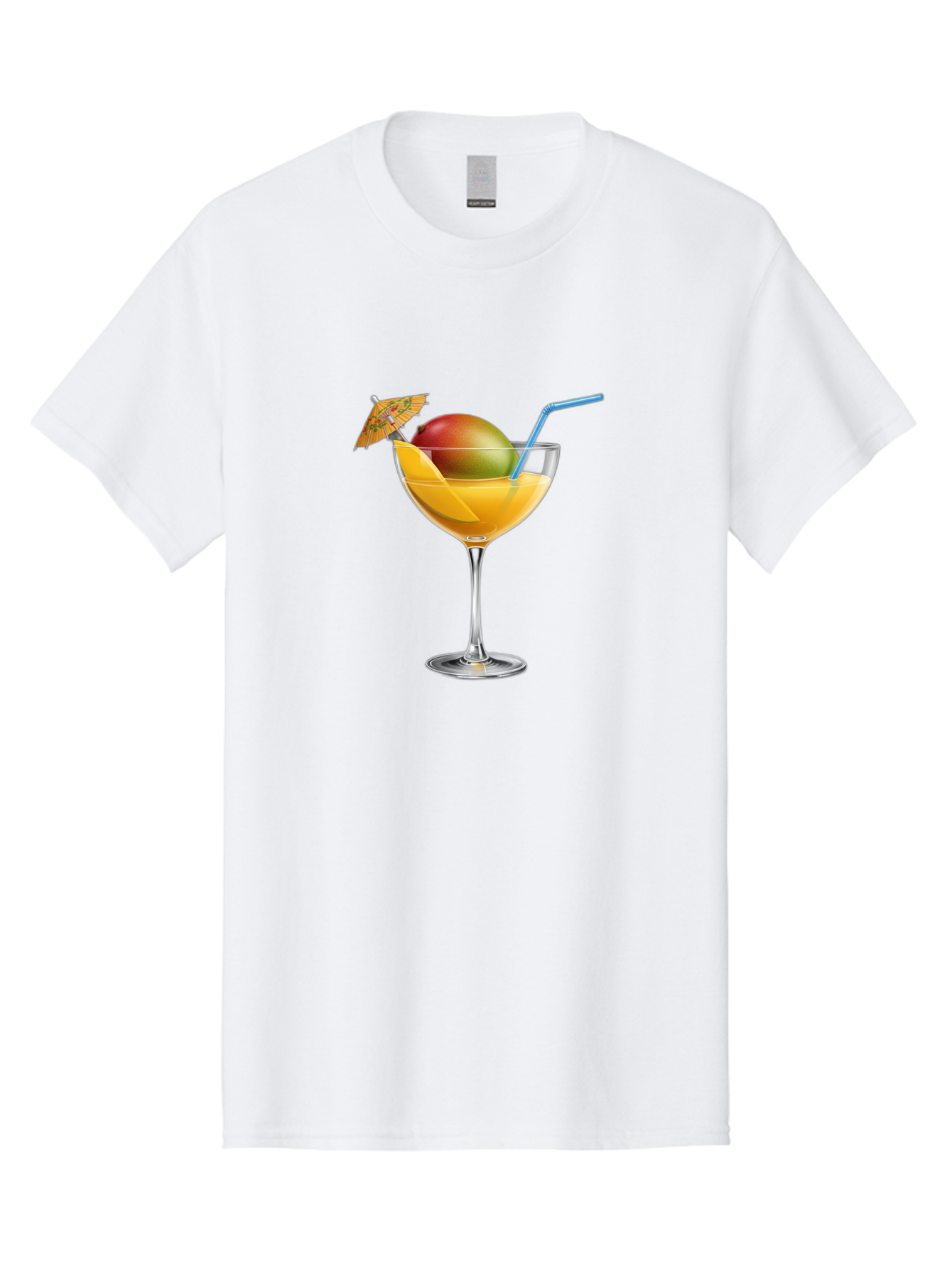Mango-Cocktail Men'S Graphic Tee, 100% Cotton, Comfortable Casual Summer Wear, Machine Washable, Cocktail Glass, Orange Drink, Mango, Umbrella, Blue Straw, Refreshing Beverage, Summer Drink, Citrus Flavor, Fruity Cocktail, Tropical Twist, Bac139