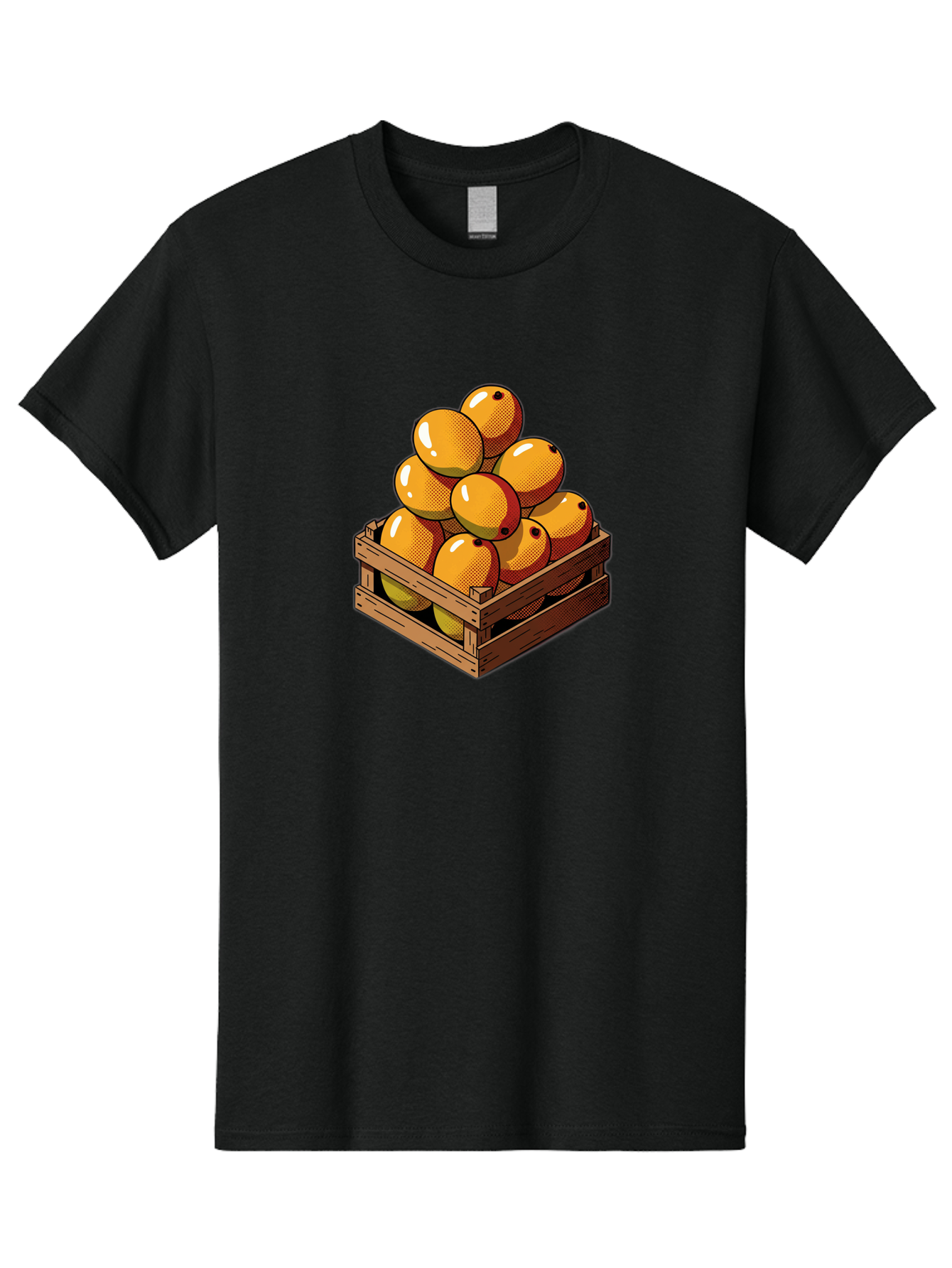 Mango-Crate Men'S Graphic Tee, 100% Cotton, Comfortable Casual Summer Wear, Machine Washable, Mangoes In Wooden Crate, Fresh Fruit, Vibrant Colors, Halftone Effect, Orange Fruit, Black Dots, Wooden Slats, Pop Art Style, Fruit Illustration Bac140