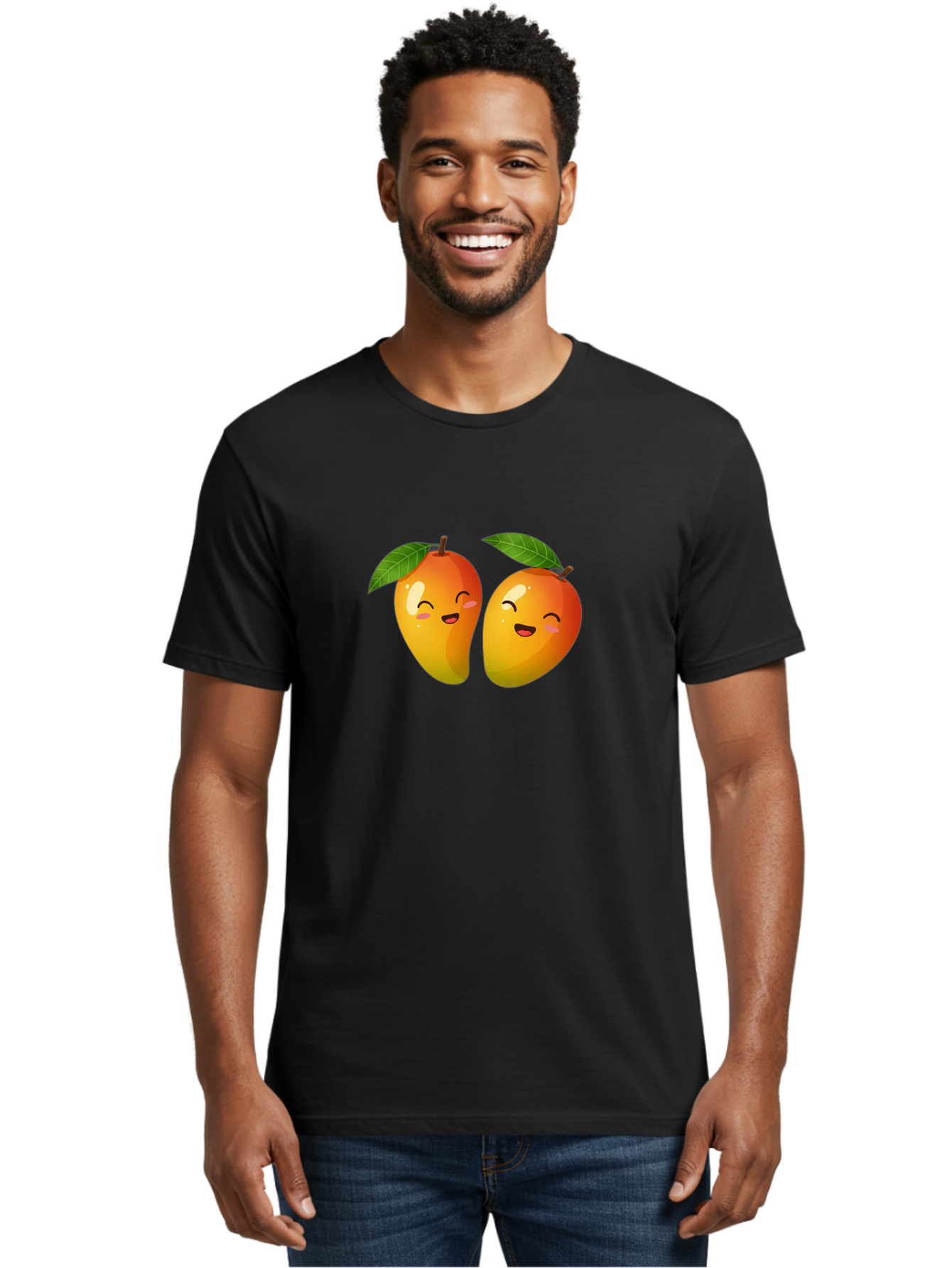 Mango-Emoticons Men'S Graphic Tee, 100% Cotton, Comfortable Casual Summer Wear, Machine Washable, Cartoon Mangoes, Happy Faces, Smiling Fruits, Vibrant Orange, Green Leaves, Cute Illustration, Fruit Emoji, Kawaii Art, Digital Art, Bac142