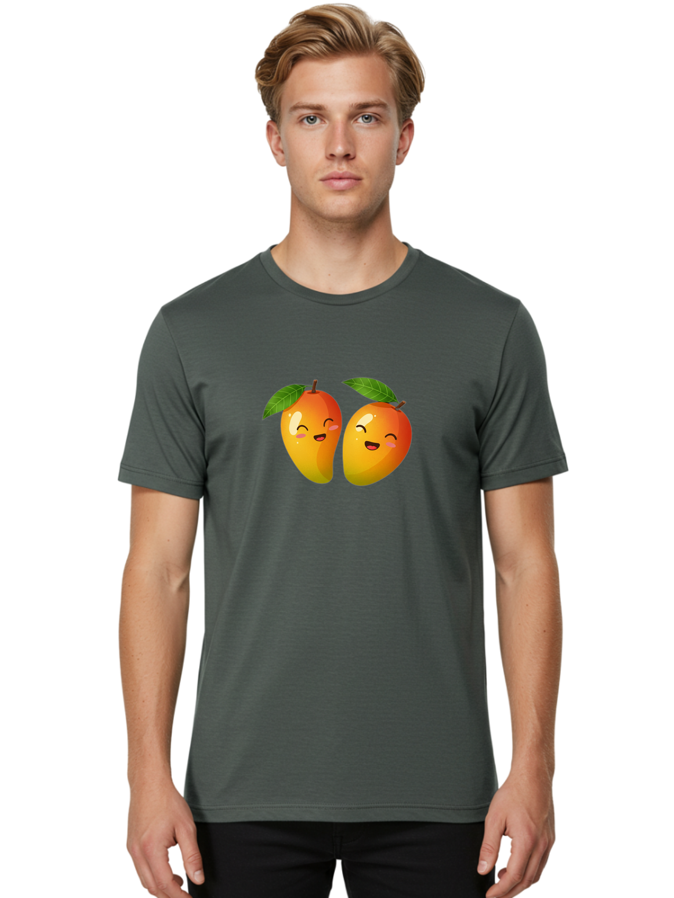 Mango-Emoticons Men'S Graphic Tee, 100% Cotton, Comfortable Casual Summer Wear, Machine Washable, Cartoon Mangoes, Happy Faces, Smiling Fruits, Vibrant Orange, Green Leaves, Cute Illustration, Fruit Emoji, Kawaii Art, Digital Art, Bac142