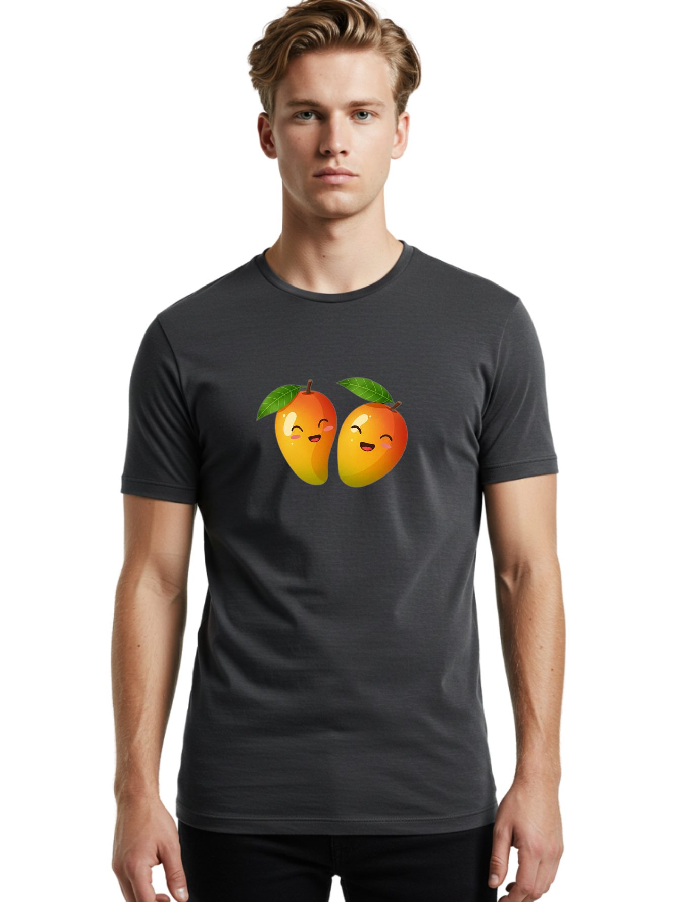 Mango-Emoticons Men'S Graphic Tee, 100% Cotton, Comfortable Casual Summer Wear, Machine Washable, Cartoon Mangoes, Happy Faces, Smiling Fruits, Vibrant Orange, Green Leaves, Cute Illustration, Fruit Emoji, Kawaii Art, Digital Art, Bac142