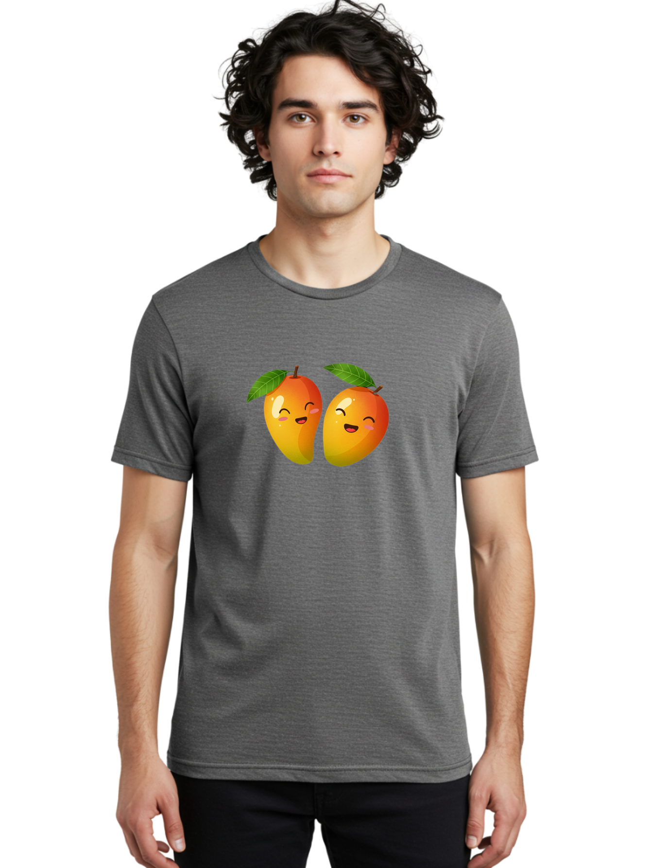 Mango-Emoticons Men'S Graphic Tee, 100% Cotton, Comfortable Casual Summer Wear, Machine Washable, Cartoon Mangoes, Happy Faces, Smiling Fruits, Vibrant Orange, Green Leaves, Cute Illustration, Fruit Emoji, Kawaii Art, Digital Art, Bac142
