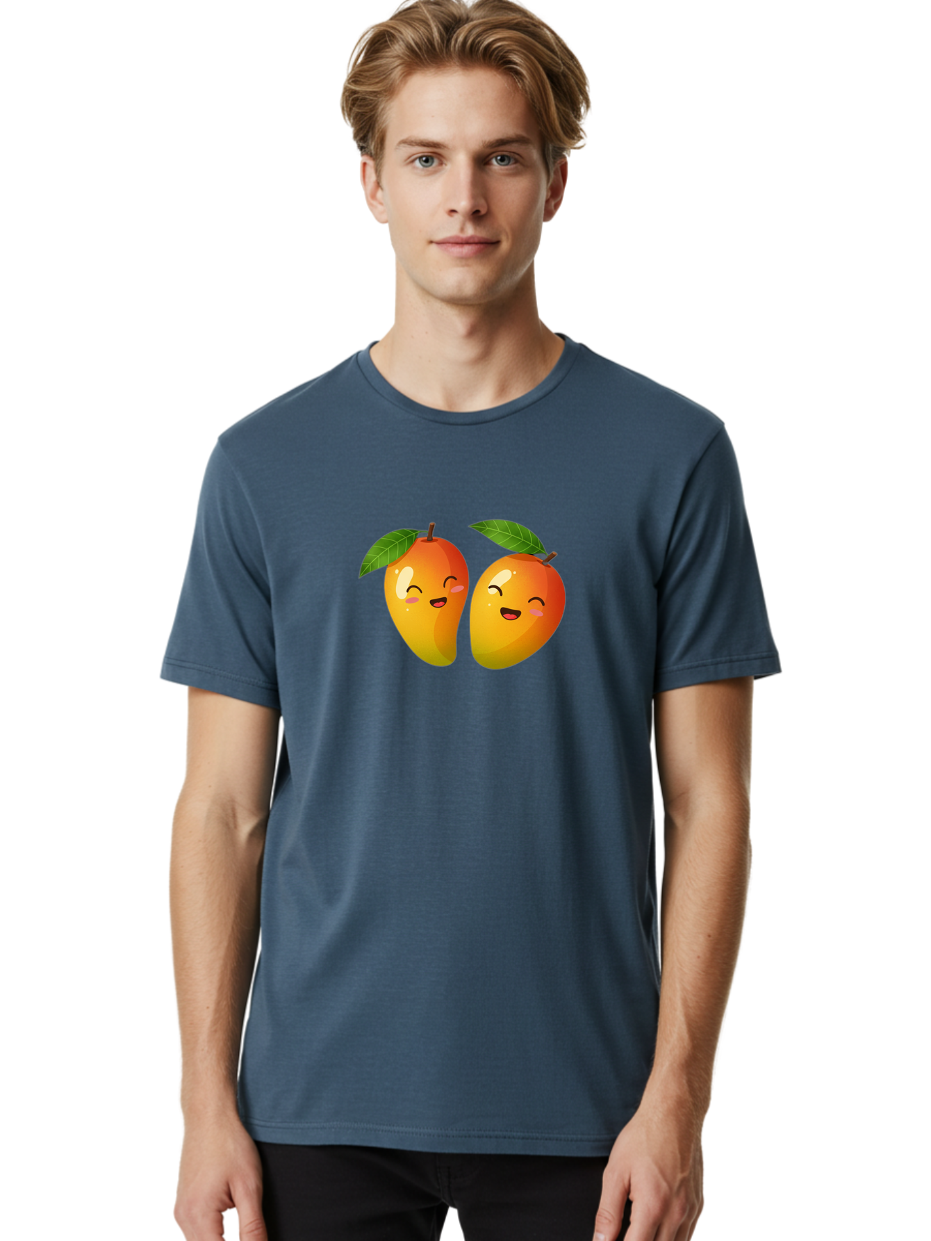 Mango-Emoticons Men'S Graphic Tee, 100% Cotton, Comfortable Casual Summer Wear, Machine Washable, Cartoon Mangoes, Happy Faces, Smiling Fruits, Vibrant Orange, Green Leaves, Cute Illustration, Fruit Emoji, Kawaii Art, Digital Art, Bac142