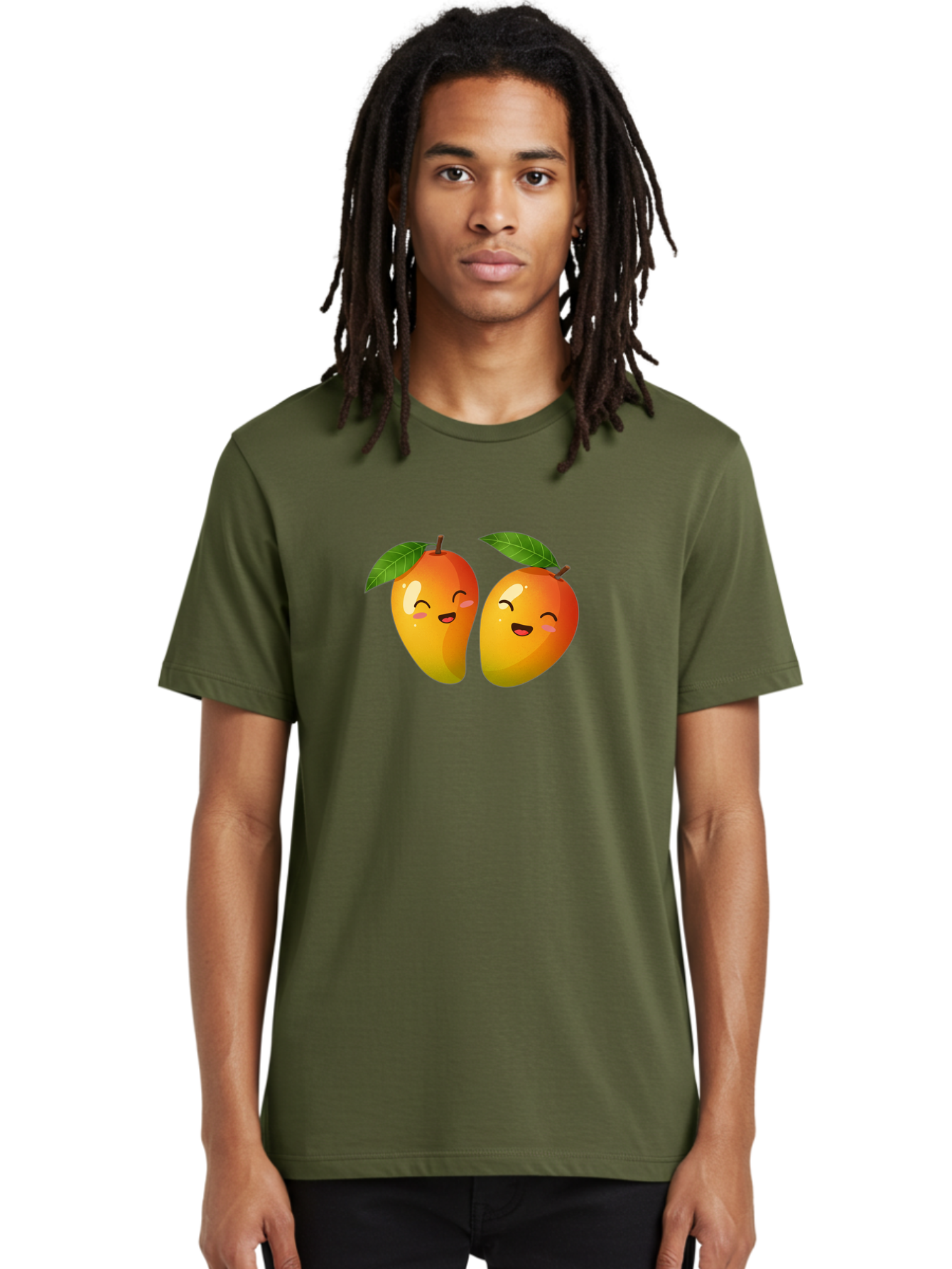 Mango-Emoticons Men'S Graphic Tee, 100% Cotton, Comfortable Casual Summer Wear, Machine Washable, Cartoon Mangoes, Happy Faces, Smiling Fruits, Vibrant Orange, Green Leaves, Cute Illustration, Fruit Emoji, Kawaii Art, Digital Art, Bac142