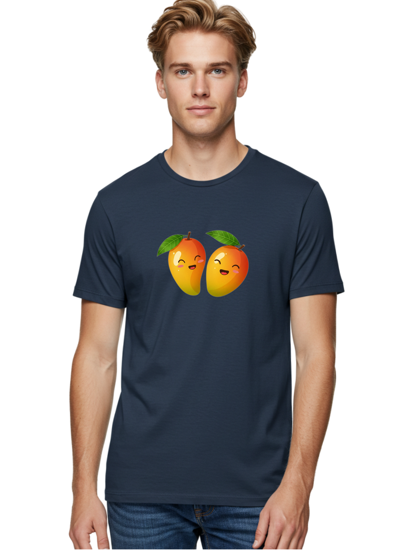 Mango-Emoticons Men'S Graphic Tee, 100% Cotton, Comfortable Casual Summer Wear, Machine Washable, Cartoon Mangoes, Happy Faces, Smiling Fruits, Vibrant Orange, Green Leaves, Cute Illustration, Fruit Emoji, Kawaii Art, Digital Art, Bac142
