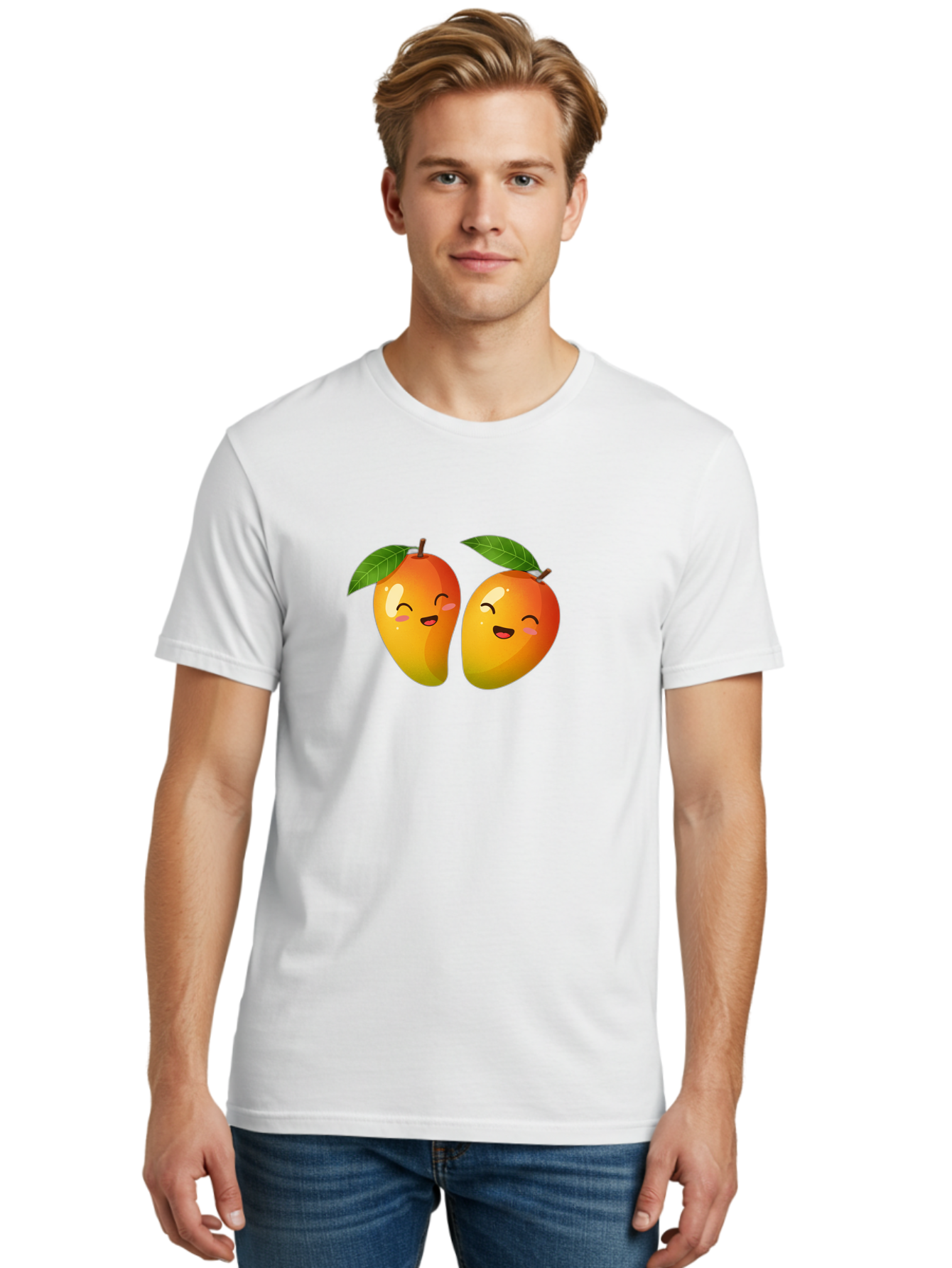 Mango-Emoticons Men'S Graphic Tee, 100% Cotton, Comfortable Casual Summer Wear, Machine Washable, Cartoon Mangoes, Happy Faces, Smiling Fruits, Vibrant Orange, Green Leaves, Cute Illustration, Fruit Emoji, Kawaii Art, Digital Art, Bac142