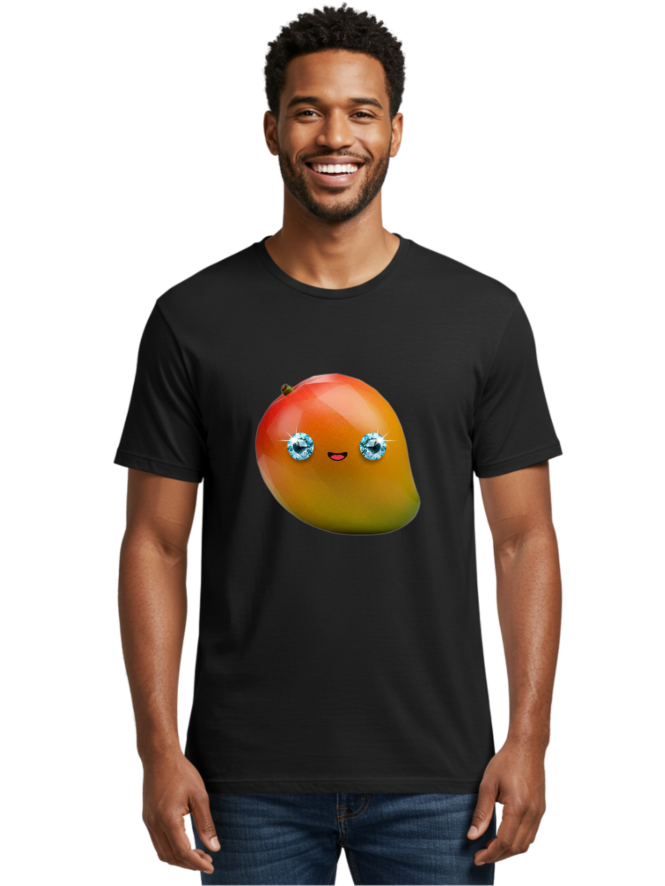 Mango-Eyes Men'S Graphic Tee, 100% Cotton, Comfortable Casual Summer Wear, Machine Washable, Mango Fruit, Diamond Eyes, Cartoon Character, Shiny Mango, Cute Fruit, Smiling Face, Vibrant Colors, Luxury Fruit, Exotic Charm Bac143
