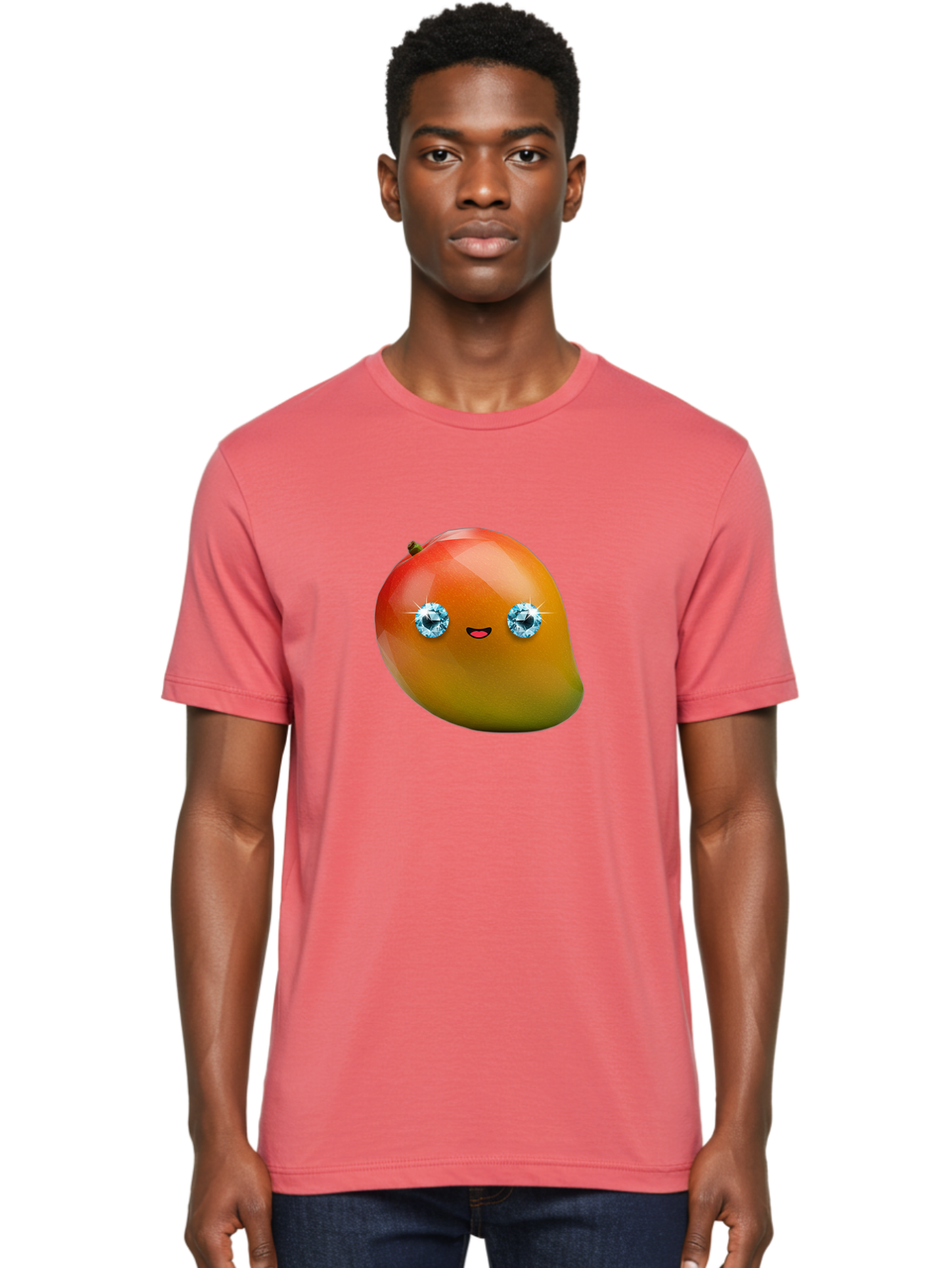 Mango-Eyes Men'S Graphic Tee, 100% Cotton, Comfortable Casual Summer Wear, Machine Washable, Mango Fruit, Diamond Eyes, Cartoon Character, Shiny Mango, Cute Fruit, Smiling Face, Vibrant Colors, Luxury Fruit, Exotic Charm Bac143