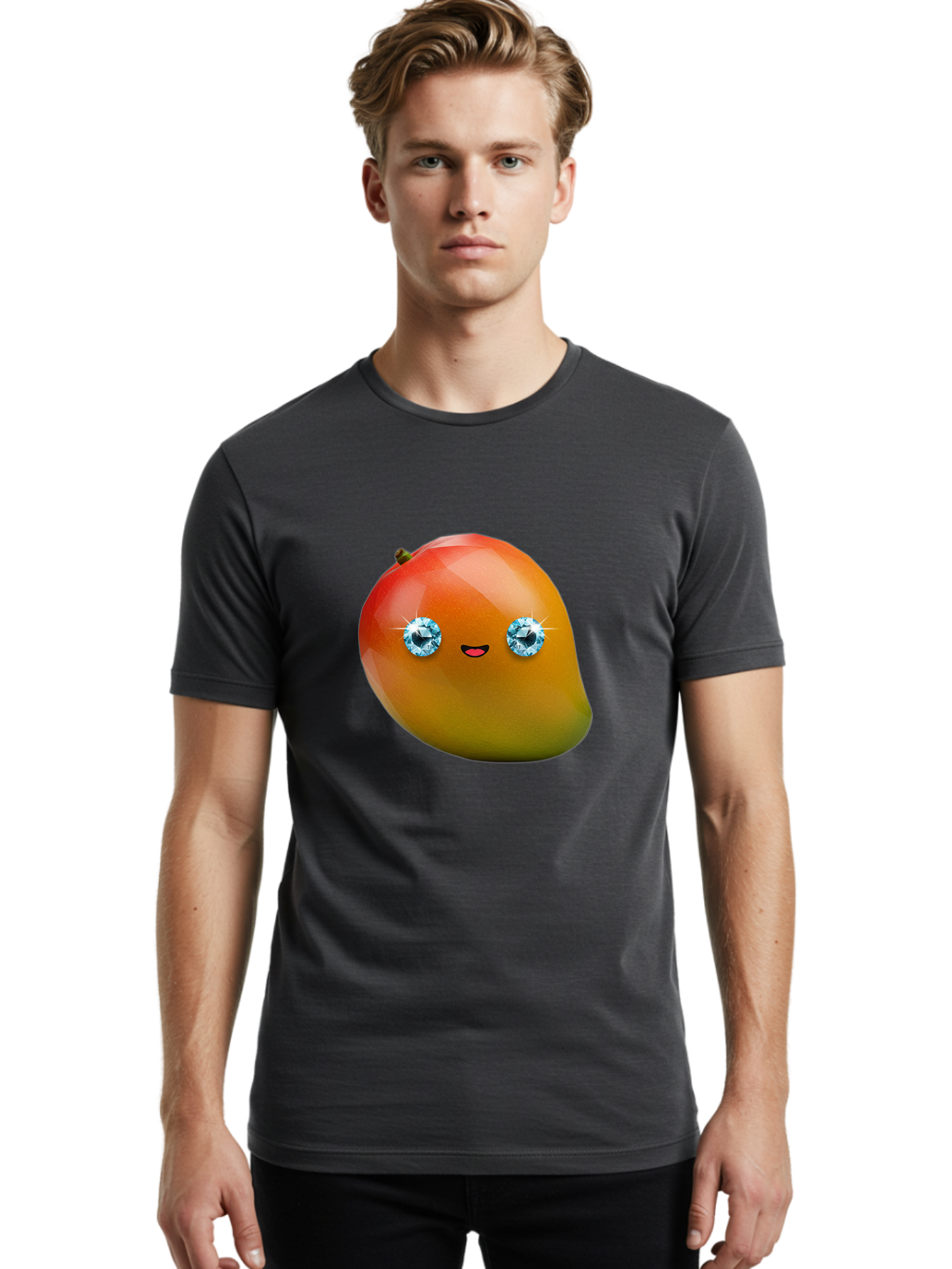 Mango-Eyes Men'S Graphic Tee, 100% Cotton, Comfortable Casual Summer Wear, Machine Washable, Mango Fruit, Diamond Eyes, Cartoon Character, Shiny Mango, Cute Fruit, Smiling Face, Vibrant Colors, Luxury Fruit, Exotic Charm Bac143
