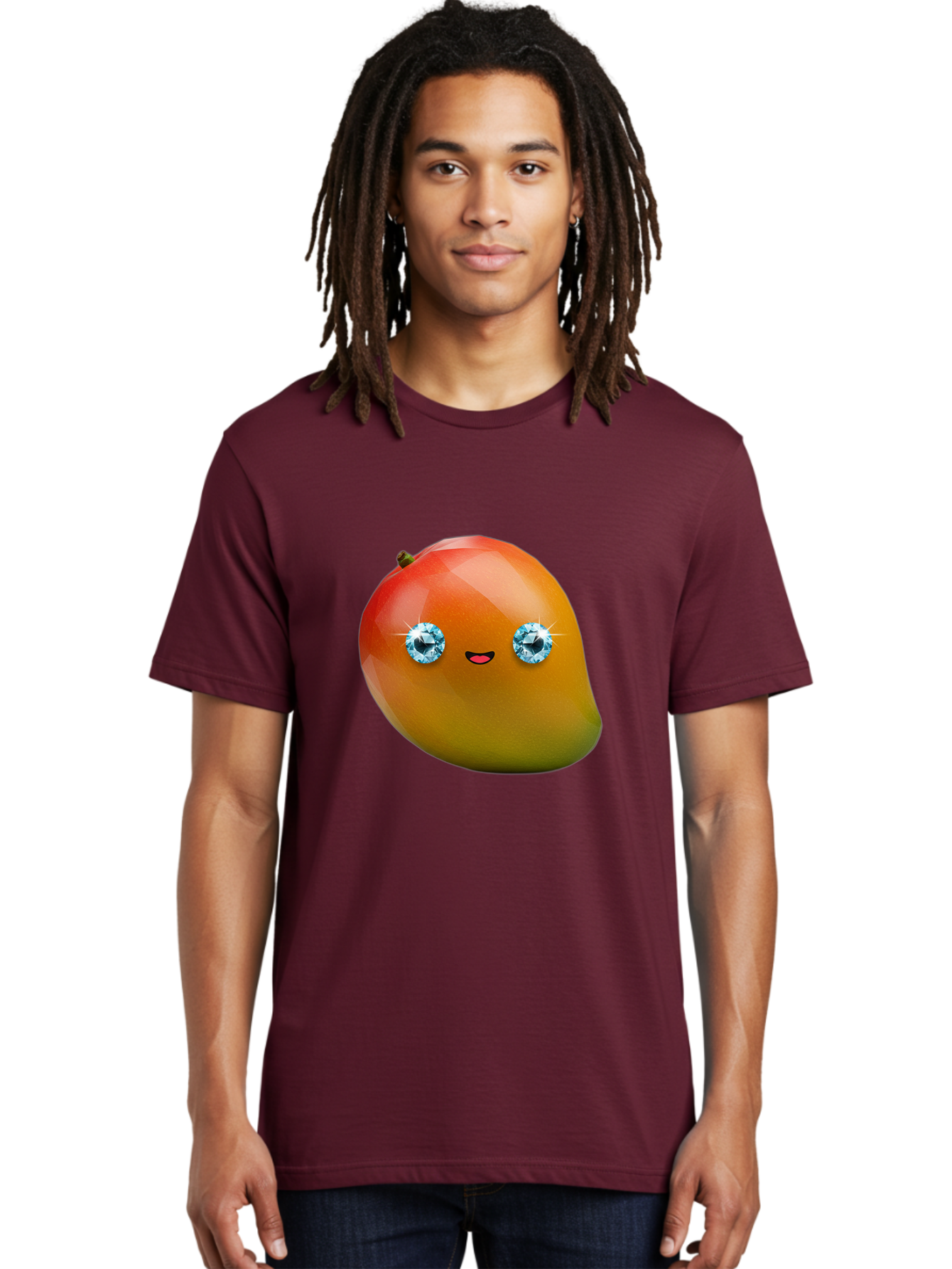 Mango-Eyes Men'S Graphic Tee, 100% Cotton, Comfortable Casual Summer Wear, Machine Washable, Mango Fruit, Diamond Eyes, Cartoon Character, Shiny Mango, Cute Fruit, Smiling Face, Vibrant Colors, Luxury Fruit, Exotic Charm Bac143