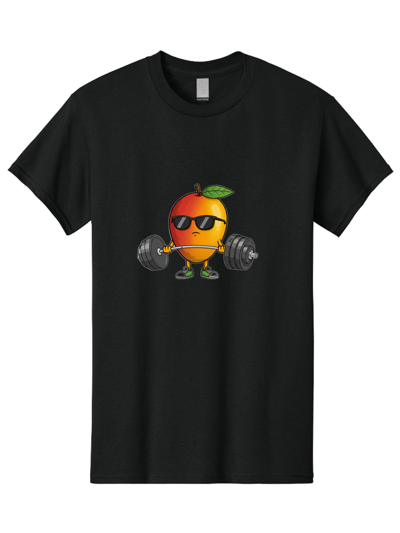 Mango-Fitness Men'S Graphic Tee, 100% Cotton, Comfortable Casual Summer Wear, Machine Washable, Cartoon Mango, Weightlifting, Fitness, Exercise, Sunglasses, Dumbbells, Healthy Lifestyle, Fruit Character, Gym, Workout Routine, Strong Fruit Bac144