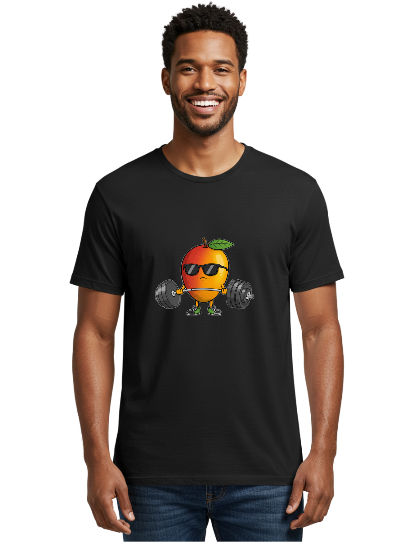 Mango-Fitness Men'S Graphic Tee, 100% Cotton, Comfortable Casual Summer Wear, Machine Washable, Cartoon Mango, Weightlifting, Fitness, Exercise, Sunglasses, Dumbbells, Healthy Lifestyle, Fruit Character, Gym, Workout Routine, Strong Fruit Bac144