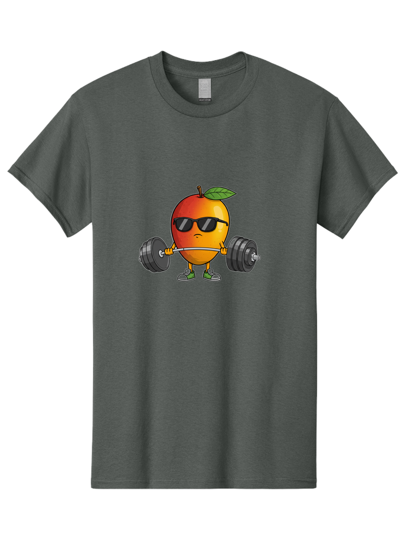 Mango-Fitness Men'S Graphic Tee, 100% Cotton, Comfortable Casual Summer Wear, Machine Washable, Cartoon Mango, Weightlifting, Fitness, Exercise, Sunglasses, Dumbbells, Healthy Lifestyle, Fruit Character, Gym, Workout Routine, Strong Fruit Bac144