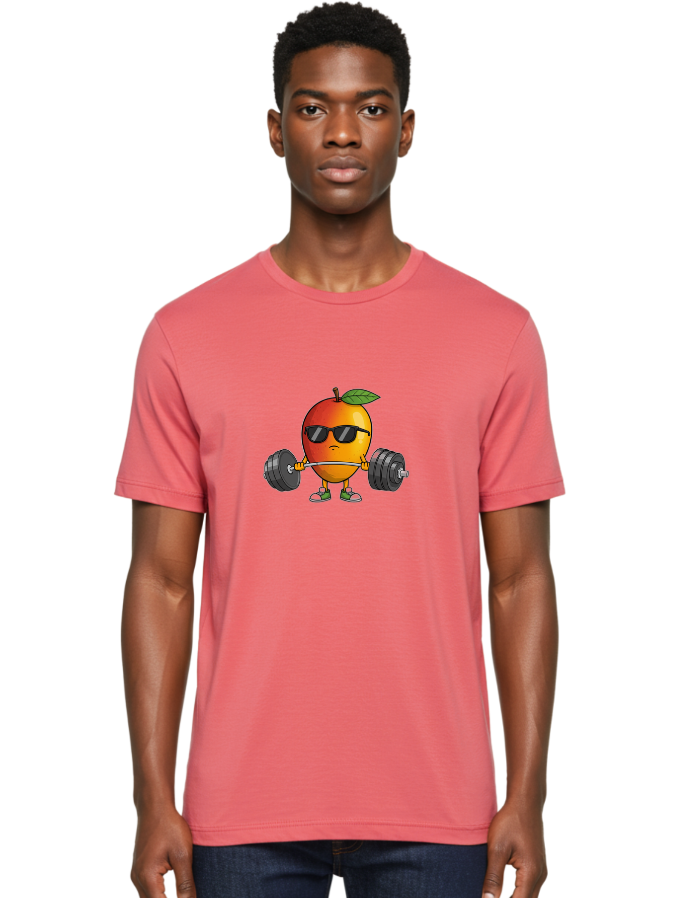 Mango-Fitness Men'S Graphic Tee, 100% Cotton, Comfortable Casual Summer Wear, Machine Washable, Cartoon Mango, Weightlifting, Fitness, Exercise, Sunglasses, Dumbbells, Healthy Lifestyle, Fruit Character, Gym, Workout Routine, Strong Fruit Bac144