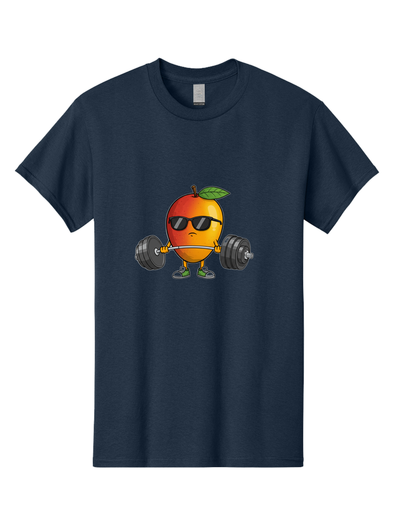 Mango-Fitness Men'S Graphic Tee, 100% Cotton, Comfortable Casual Summer Wear, Machine Washable, Cartoon Mango, Weightlifting, Fitness, Exercise, Sunglasses, Dumbbells, Healthy Lifestyle, Fruit Character, Gym, Workout Routine, Strong Fruit Bac144