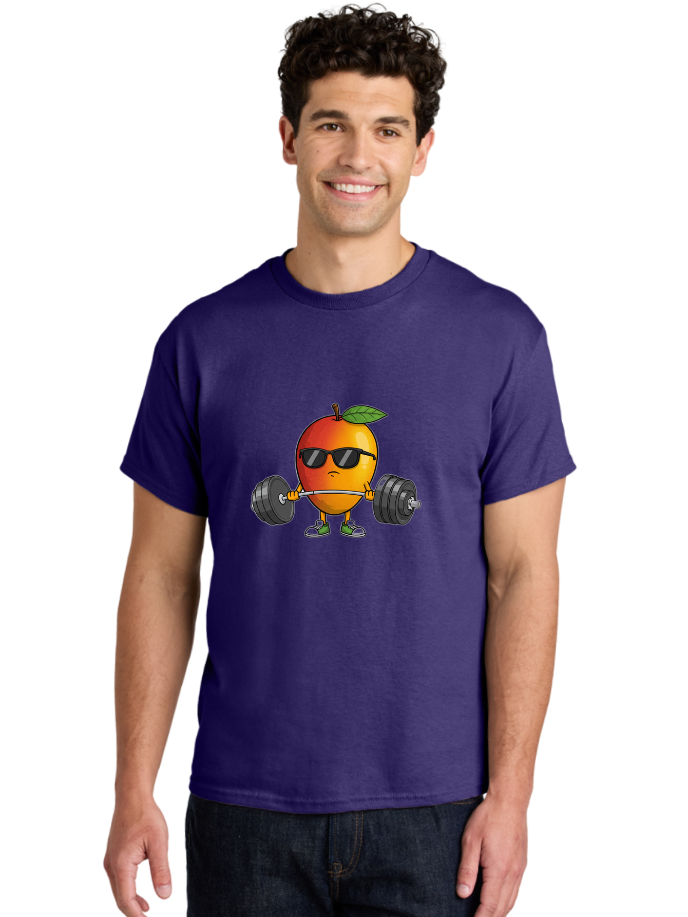 Mango-Fitness Men'S Graphic Tee, 100% Cotton, Comfortable Casual Summer Wear, Machine Washable, Cartoon Mango, Weightlifting, Fitness, Exercise, Sunglasses, Dumbbells, Healthy Lifestyle, Fruit Character, Gym, Workout Routine, Strong Fruit Bac144