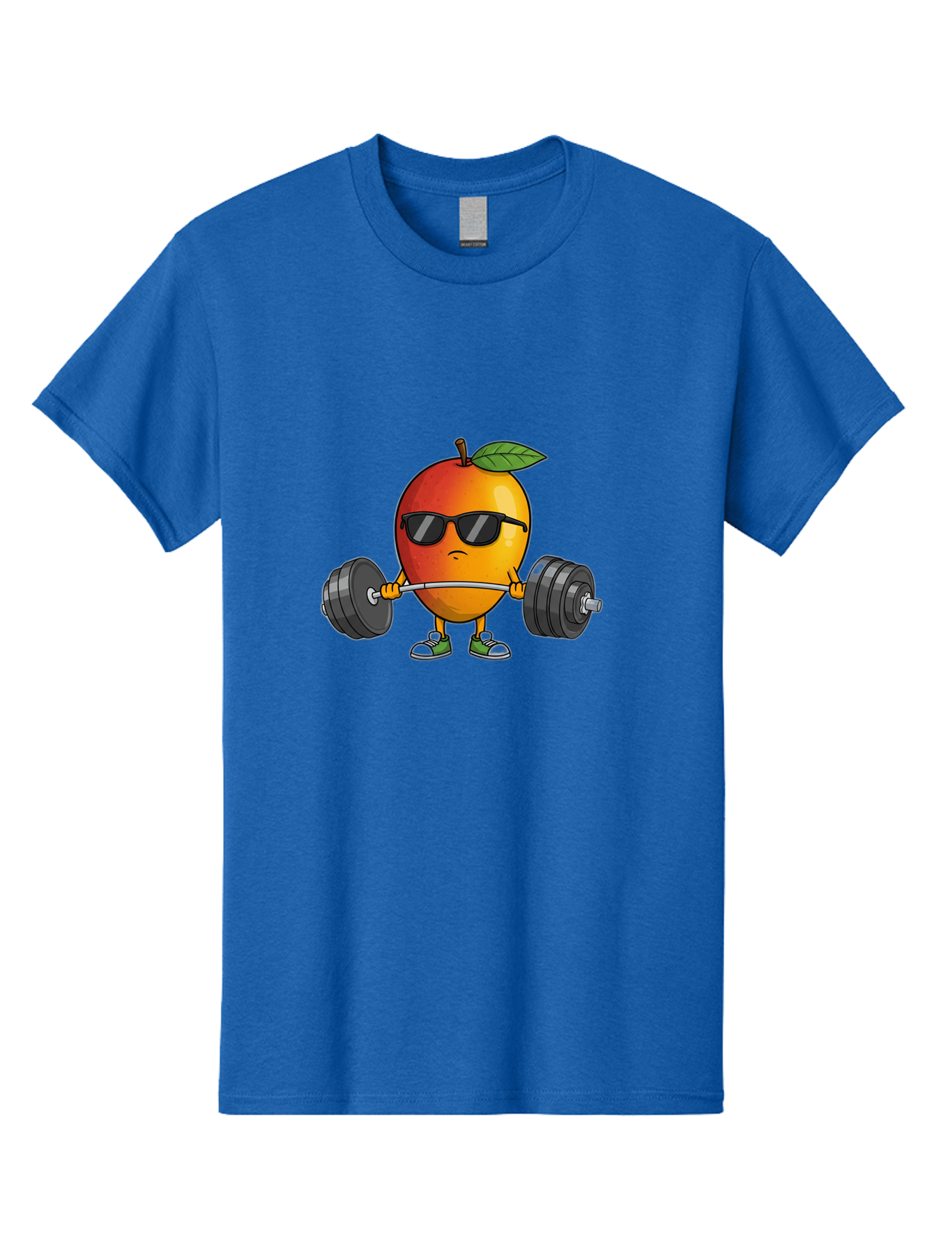 Mango-Fitness Men'S Graphic Tee, 100% Cotton, Comfortable Casual Summer Wear, Machine Washable, Cartoon Mango, Weightlifting, Fitness, Exercise, Sunglasses, Dumbbells, Healthy Lifestyle, Fruit Character, Gym, Workout Routine, Strong Fruit Bac144