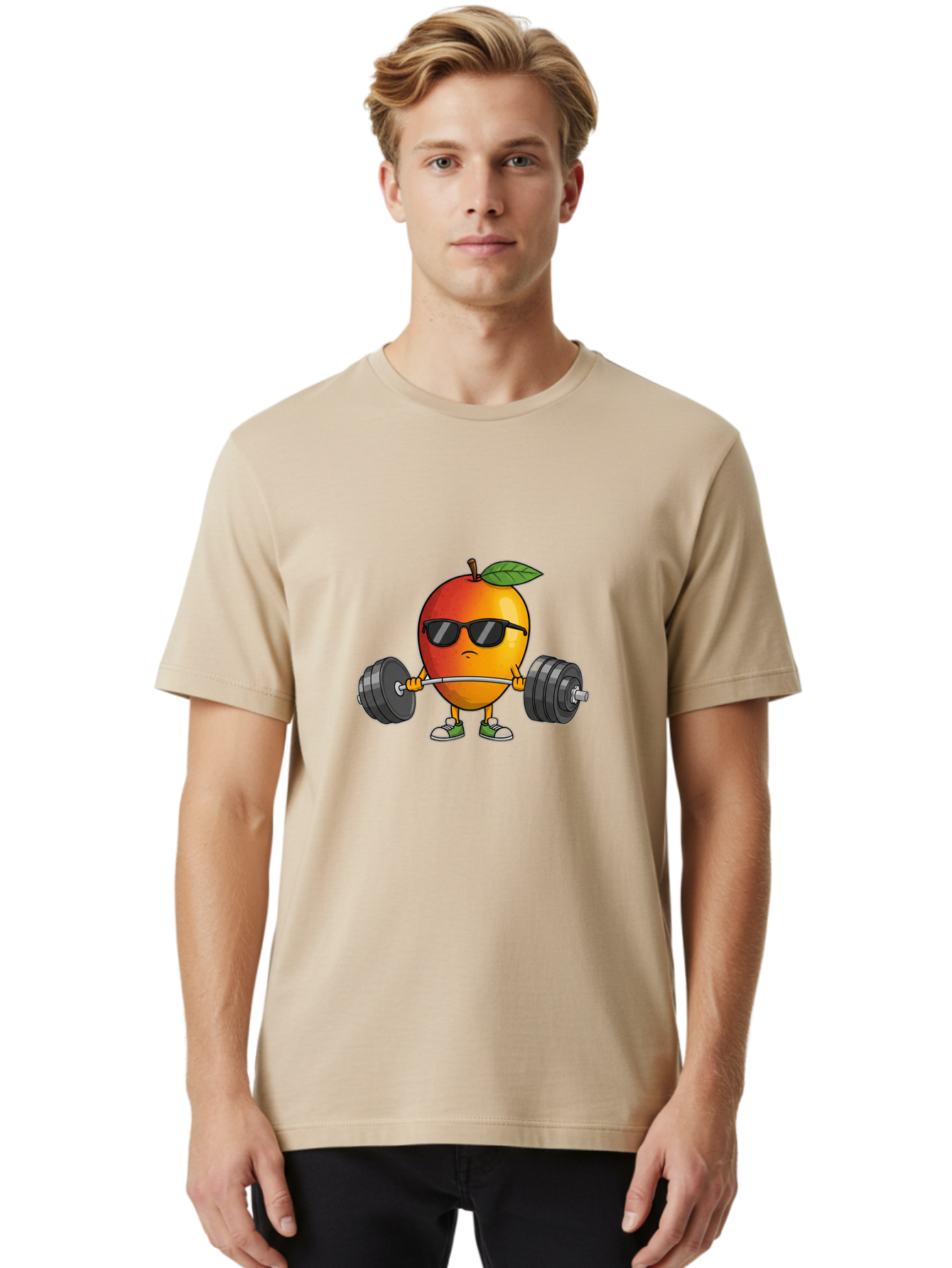Mango-Fitness Men'S Graphic Tee, 100% Cotton, Comfortable Casual Summer Wear, Machine Washable, Cartoon Mango, Weightlifting, Fitness, Exercise, Sunglasses, Dumbbells, Healthy Lifestyle, Fruit Character, Gym, Workout Routine, Strong Fruit Bac144