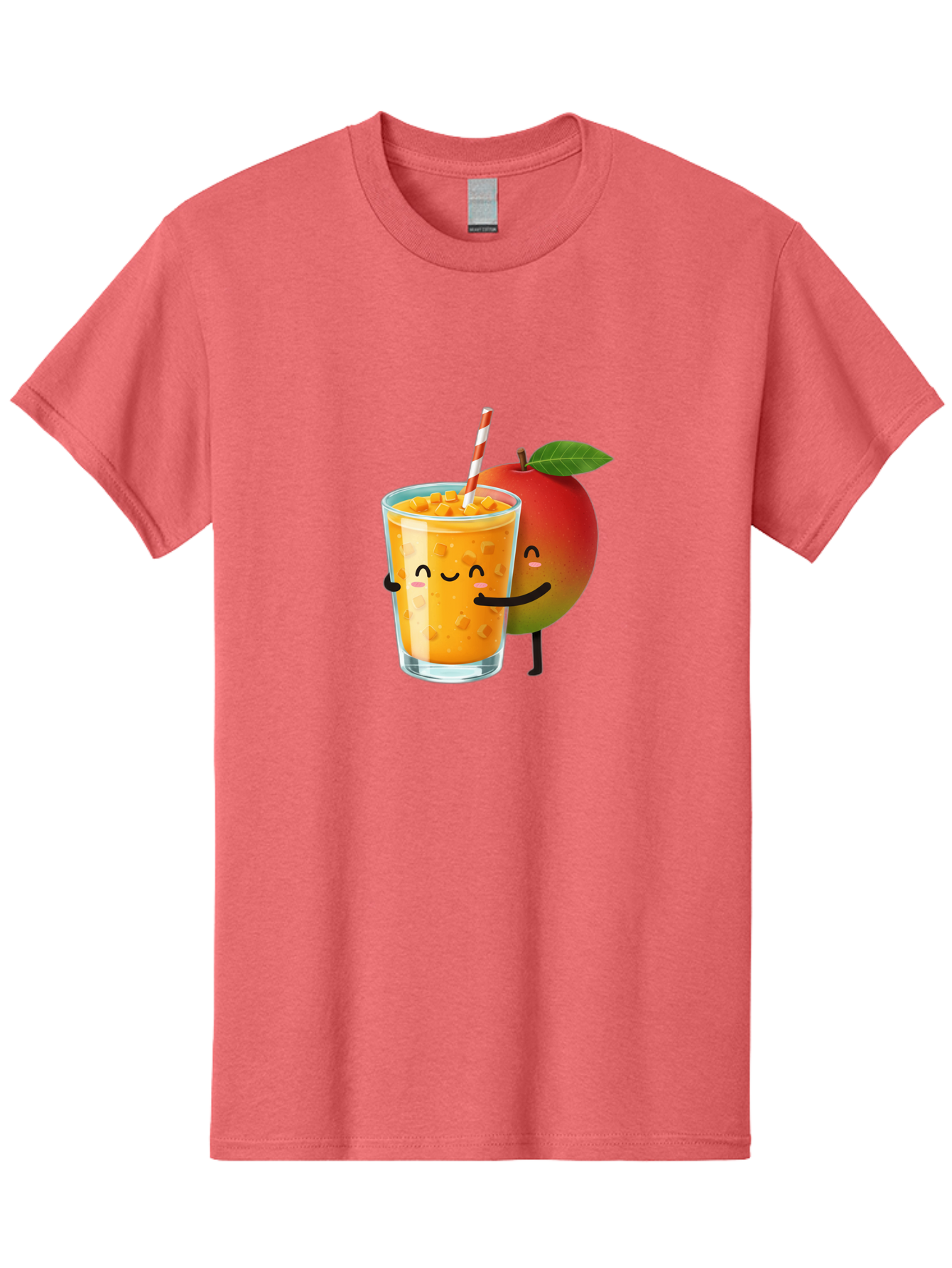 Mango-Juice-1 Men'S Graphic Tee, 100% Cotton, Comfortable Casual Summer Wear, Machine Washable, Cartoon Apple, Mango Juice, Refreshing Drink, Smiling Glass, Red And White Straw, Orange Beverage, Fruit Characters, Happy Face, Healthy Drink, Bac145