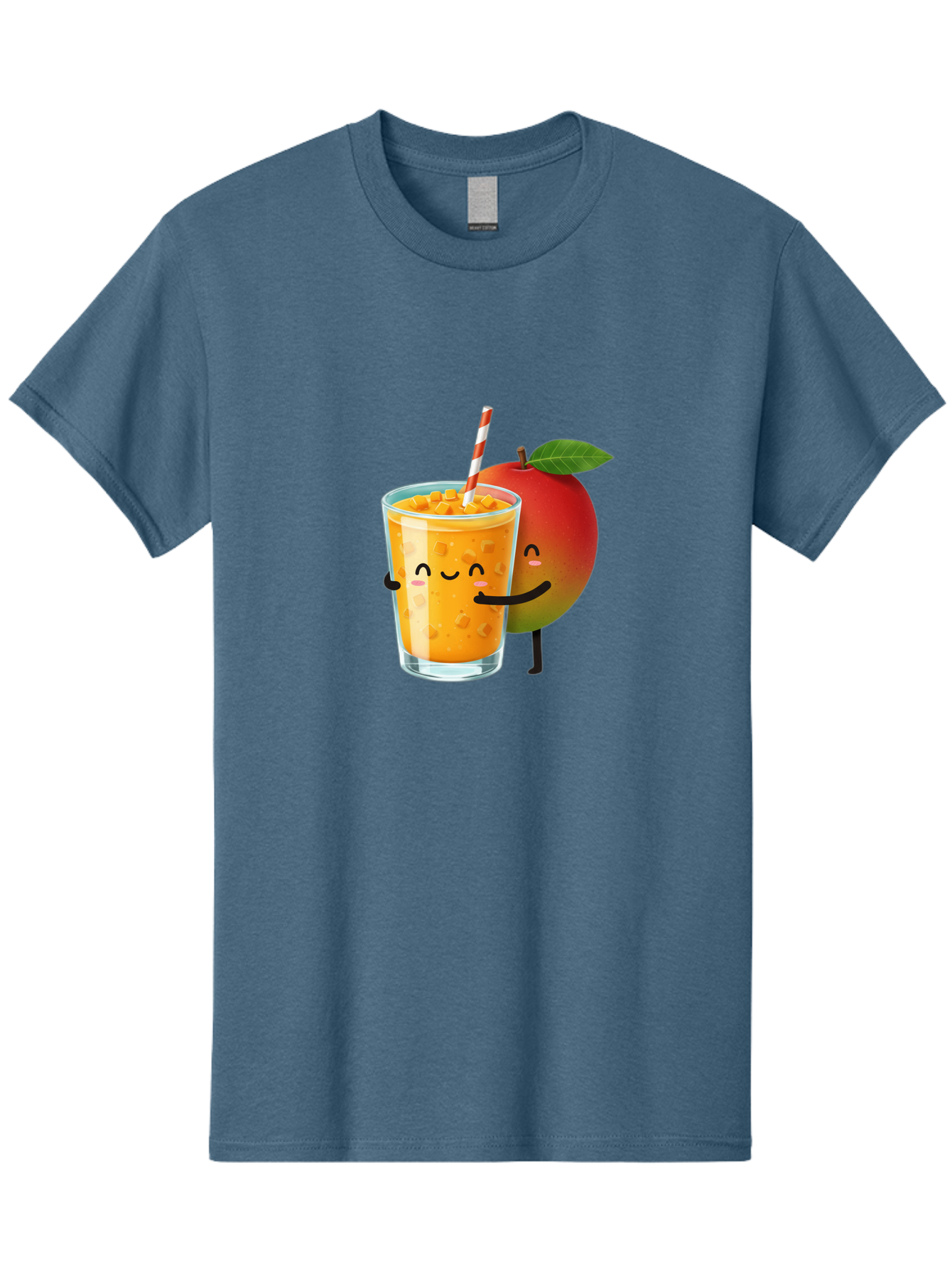 Mango-Juice-1 Men'S Graphic Tee, 100% Cotton, Comfortable Casual Summer Wear, Machine Washable, Cartoon Apple, Mango Juice, Refreshing Drink, Smiling Glass, Red And White Straw, Orange Beverage, Fruit Characters, Happy Face, Healthy Drink, Bac145