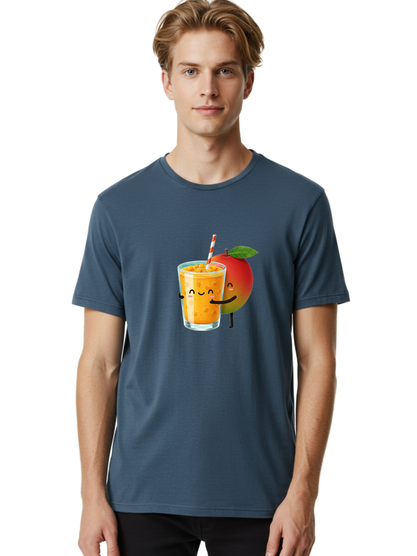 Mango-Juice-1 Men'S Graphic Tee, 100% Cotton, Comfortable Casual Summer Wear, Machine Washable, Cartoon Apple, Mango Juice, Refreshing Drink, Smiling Glass, Red And White Straw, Orange Beverage, Fruit Characters, Happy Face, Healthy Drink, Bac145