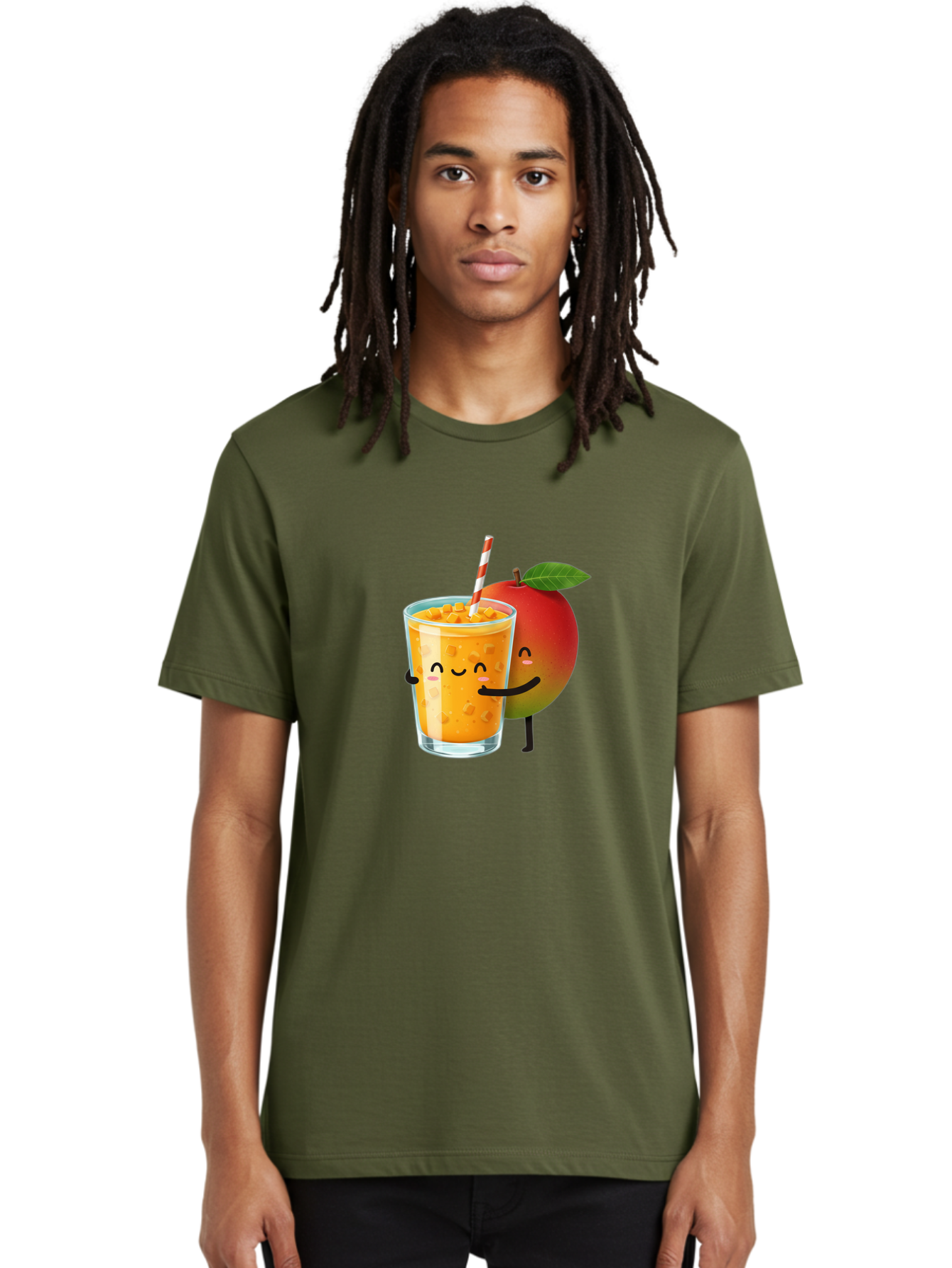 Mango-Juice-1 Men'S Graphic Tee, 100% Cotton, Comfortable Casual Summer Wear, Machine Washable, Cartoon Apple, Mango Juice, Refreshing Drink, Smiling Glass, Red And White Straw, Orange Beverage, Fruit Characters, Happy Face, Healthy Drink, Bac145