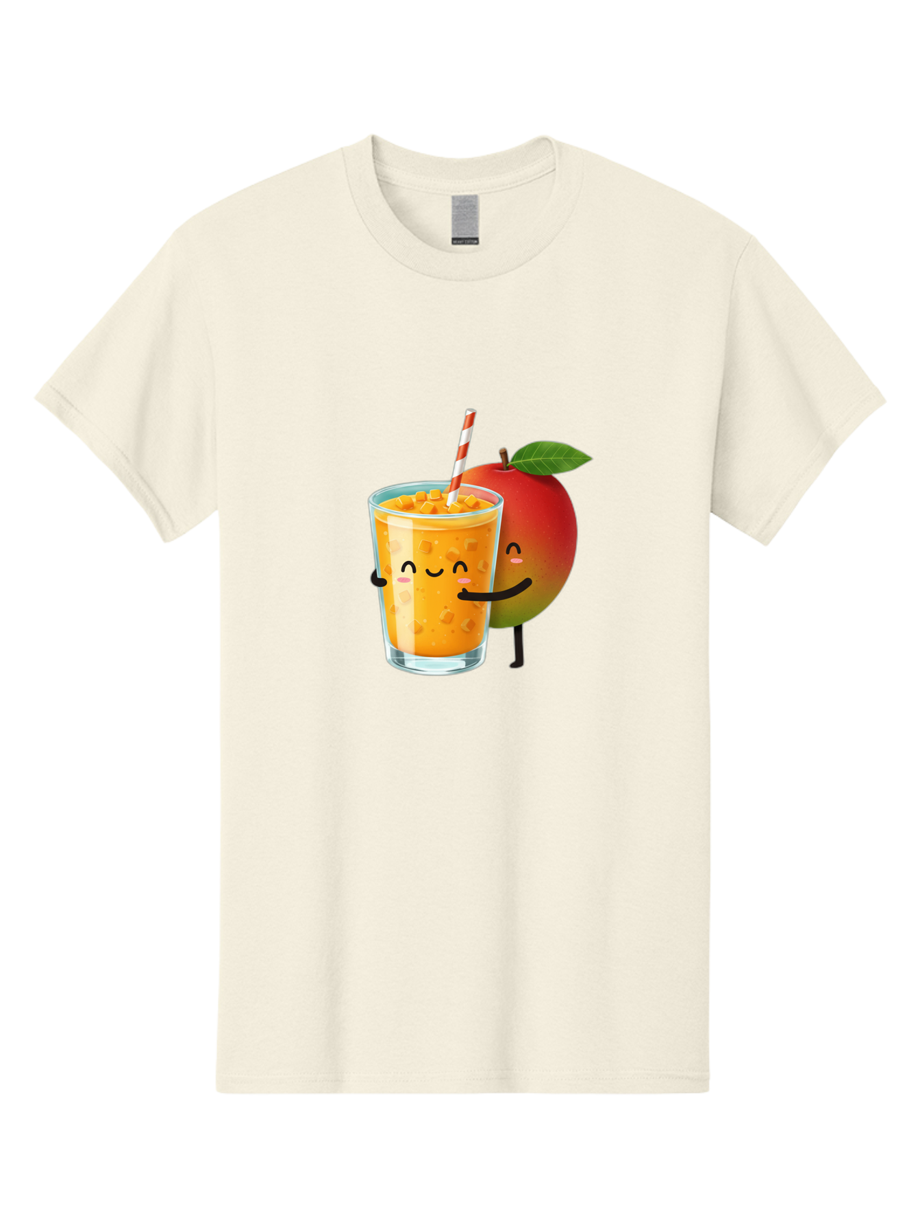 Mango-Juice-1 Men'S Graphic Tee, 100% Cotton, Comfortable Casual Summer Wear, Machine Washable, Cartoon Apple, Mango Juice, Refreshing Drink, Smiling Glass, Red And White Straw, Orange Beverage, Fruit Characters, Happy Face, Healthy Drink, Bac145