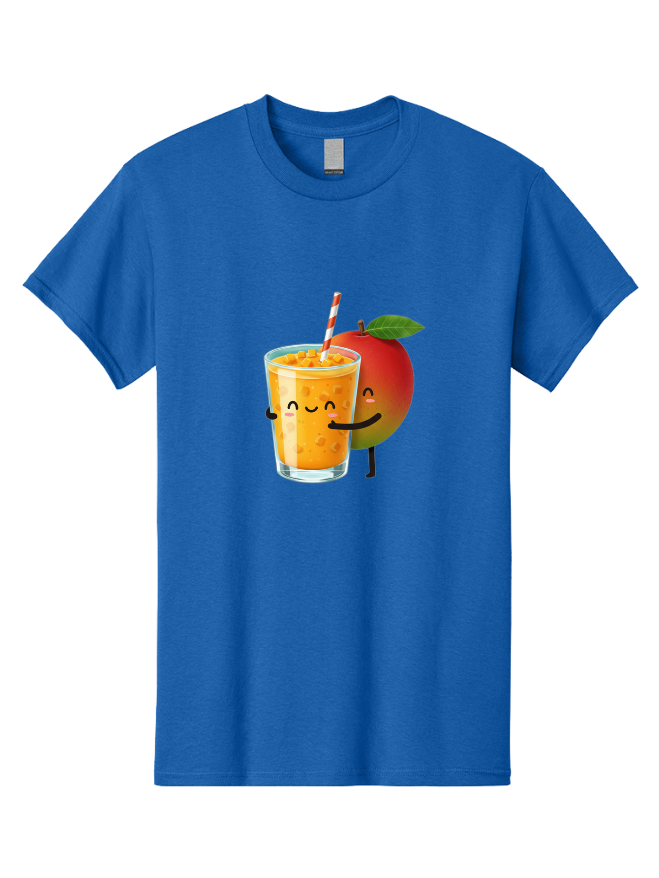 Mango-Juice-1 Men'S Graphic Tee, 100% Cotton, Comfortable Casual Summer Wear, Machine Washable, Cartoon Apple, Mango Juice, Refreshing Drink, Smiling Glass, Red And White Straw, Orange Beverage, Fruit Characters, Happy Face, Healthy Drink, Bac145