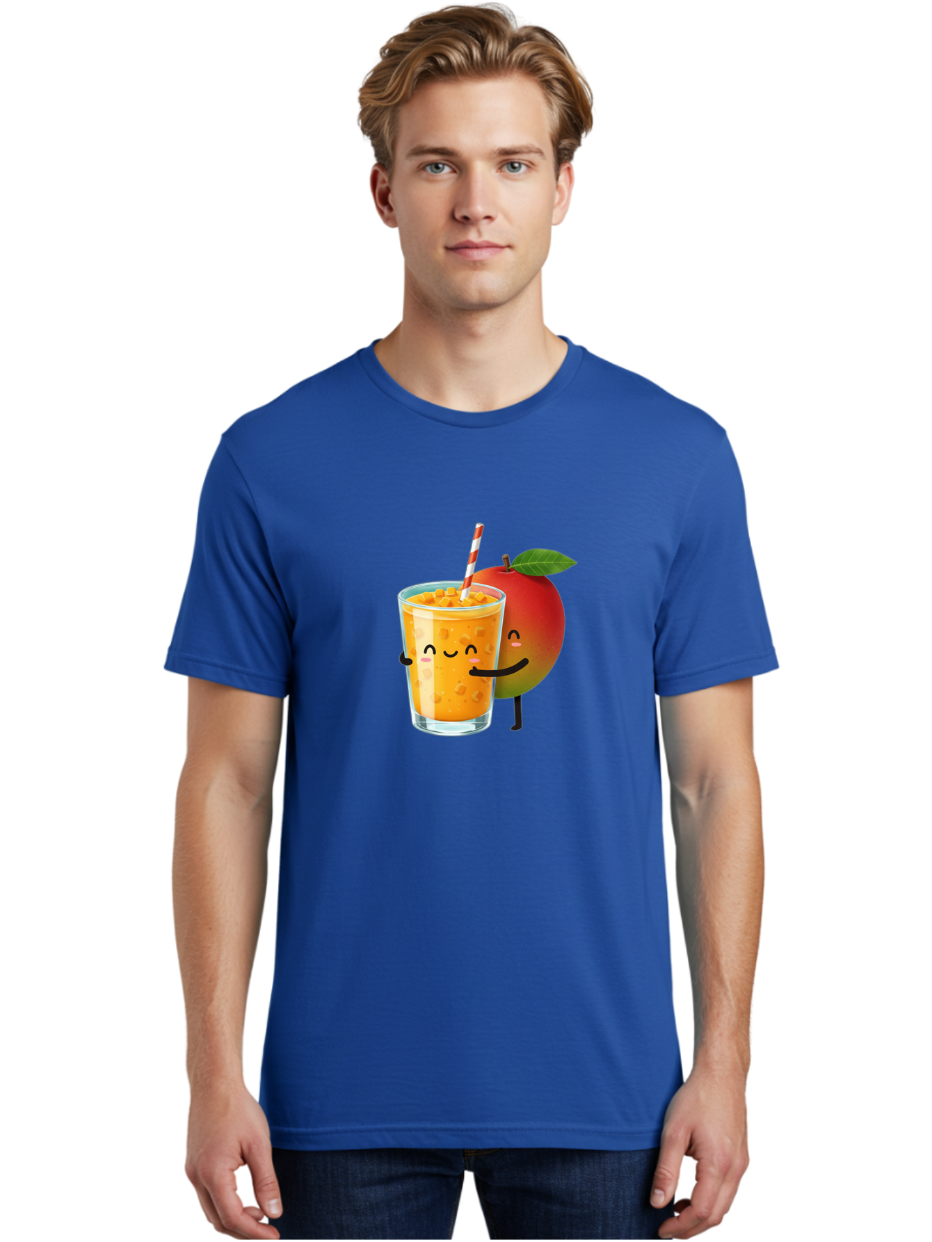 Mango-Juice-1 Men'S Graphic Tee, 100% Cotton, Comfortable Casual Summer Wear, Machine Washable, Cartoon Apple, Mango Juice, Refreshing Drink, Smiling Glass, Red And White Straw, Orange Beverage, Fruit Characters, Happy Face, Healthy Drink, Bac145