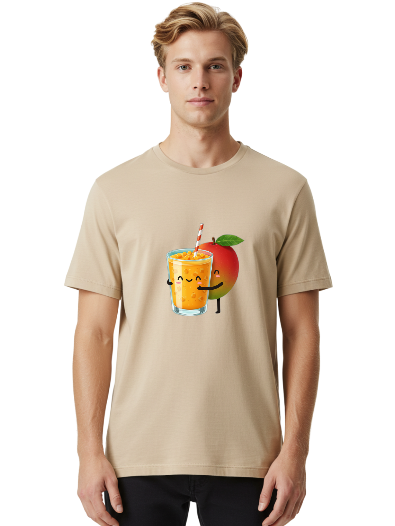 Mango-Juice-1 Men'S Graphic Tee, 100% Cotton, Comfortable Casual Summer Wear, Machine Washable, Cartoon Apple, Mango Juice, Refreshing Drink, Smiling Glass, Red And White Straw, Orange Beverage, Fruit Characters, Happy Face, Healthy Drink, Bac145