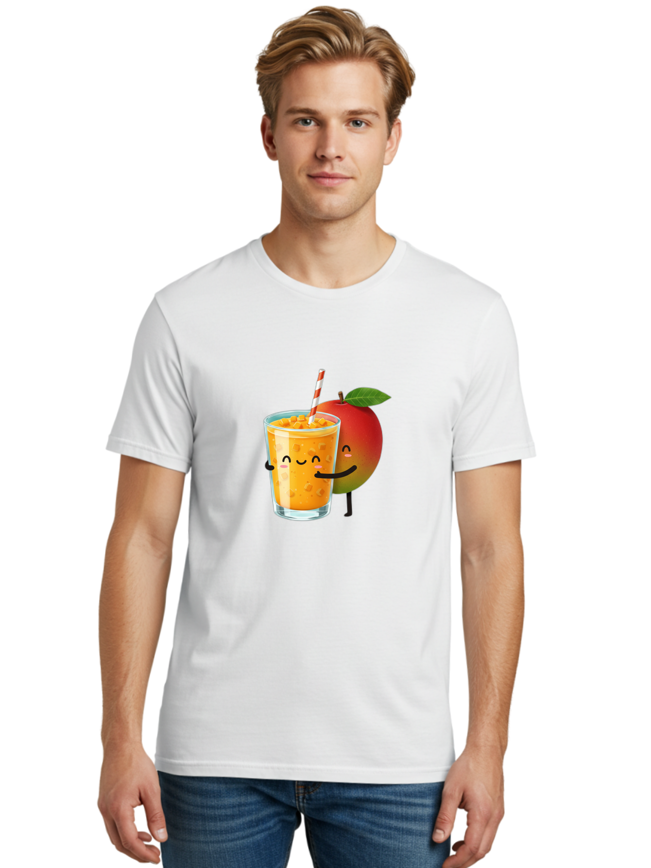 Mango-Juice-1 Men'S Graphic Tee, 100% Cotton, Comfortable Casual Summer Wear, Machine Washable, Cartoon Apple, Mango Juice, Refreshing Drink, Smiling Glass, Red And White Straw, Orange Beverage, Fruit Characters, Happy Face, Healthy Drink, Bac145