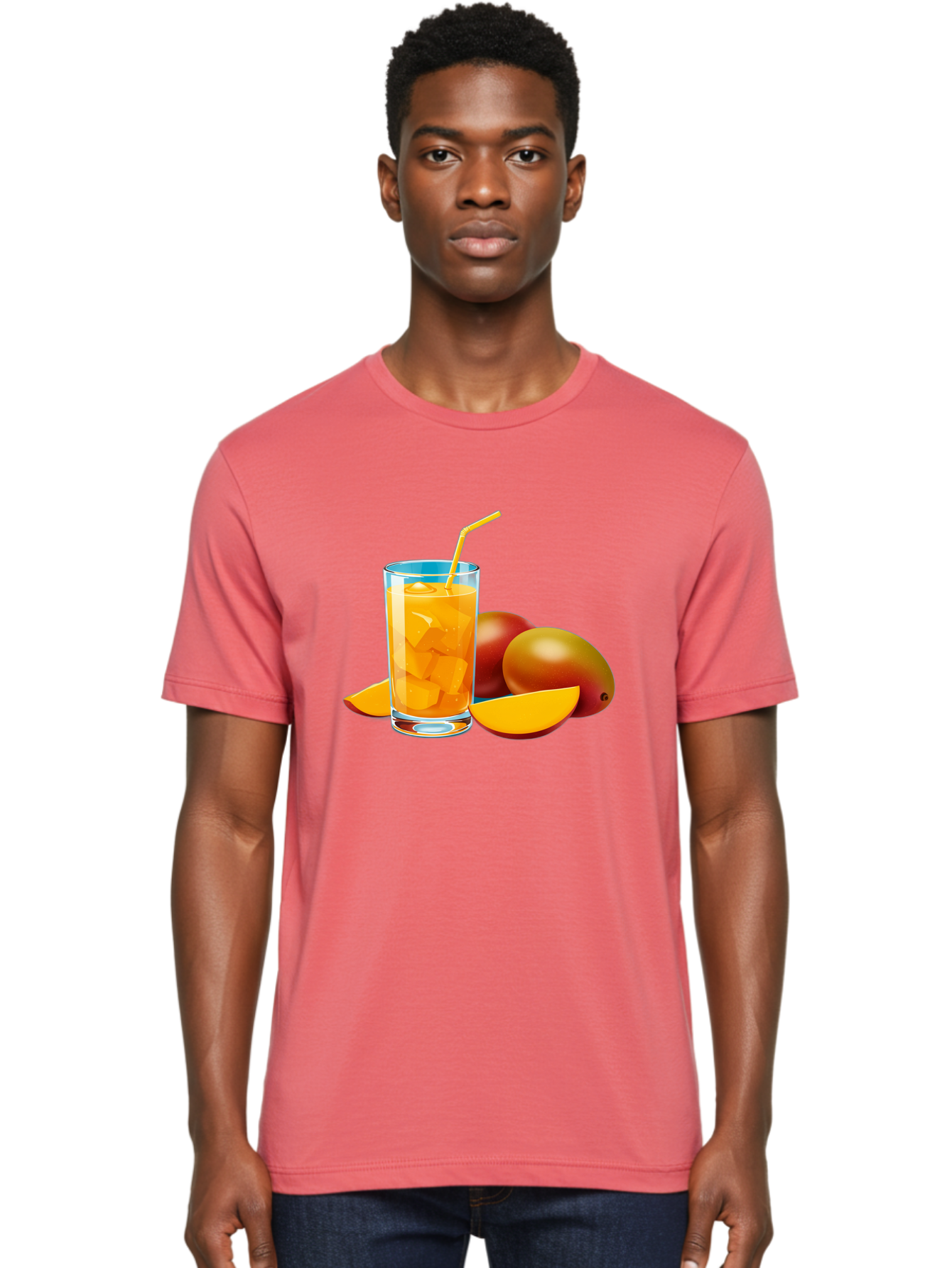 Mango-Juice-2 Men'S Graphic Tee, 100% Cotton, Comfortable Casual Summer Wear, Machine Washable, Mango Juice, Refreshing Drink, Cold Beverage, Tropical Fruit, Mango Chunks, Yellow Straw, Red Mango, Sliced Mango, Summer Drink Bac146