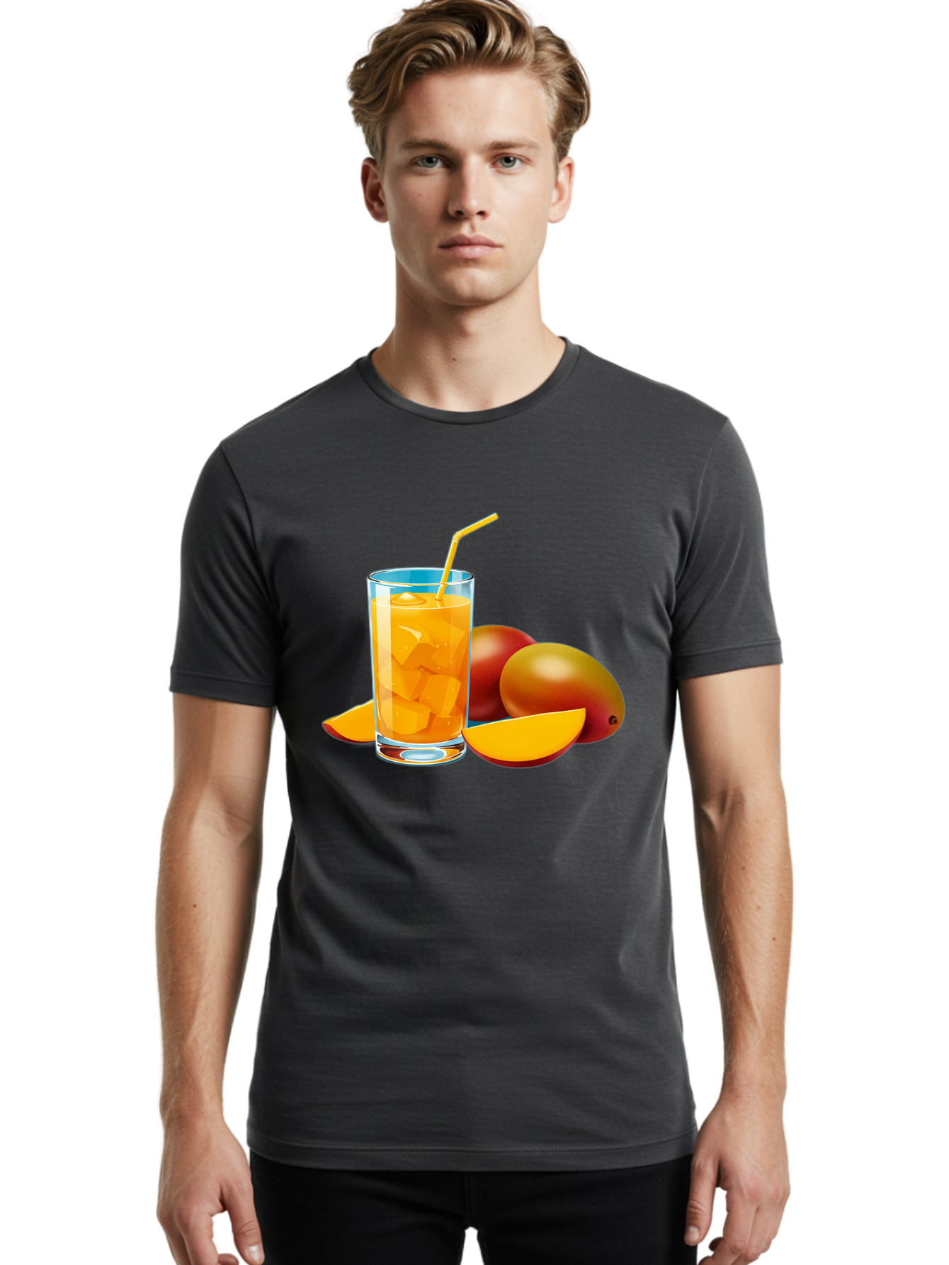 Mango-Juice-2 Men'S Graphic Tee, 100% Cotton, Comfortable Casual Summer Wear, Machine Washable, Mango Juice, Refreshing Drink, Cold Beverage, Tropical Fruit, Mango Chunks, Yellow Straw, Red Mango, Sliced Mango, Summer Drink Bac146
