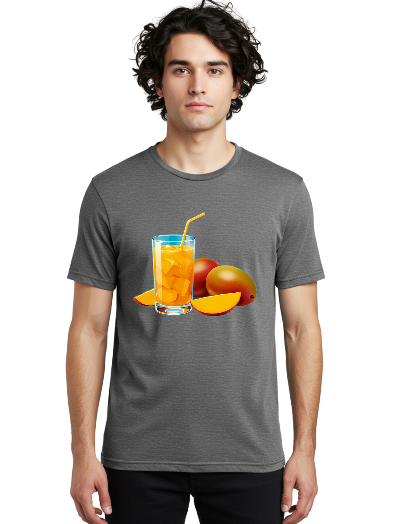 Mango-Juice-2 Men'S Graphic Tee, 100% Cotton, Comfortable Casual Summer Wear, Machine Washable, Mango Juice, Refreshing Drink, Cold Beverage, Tropical Fruit, Mango Chunks, Yellow Straw, Red Mango, Sliced Mango, Summer Drink Bac146